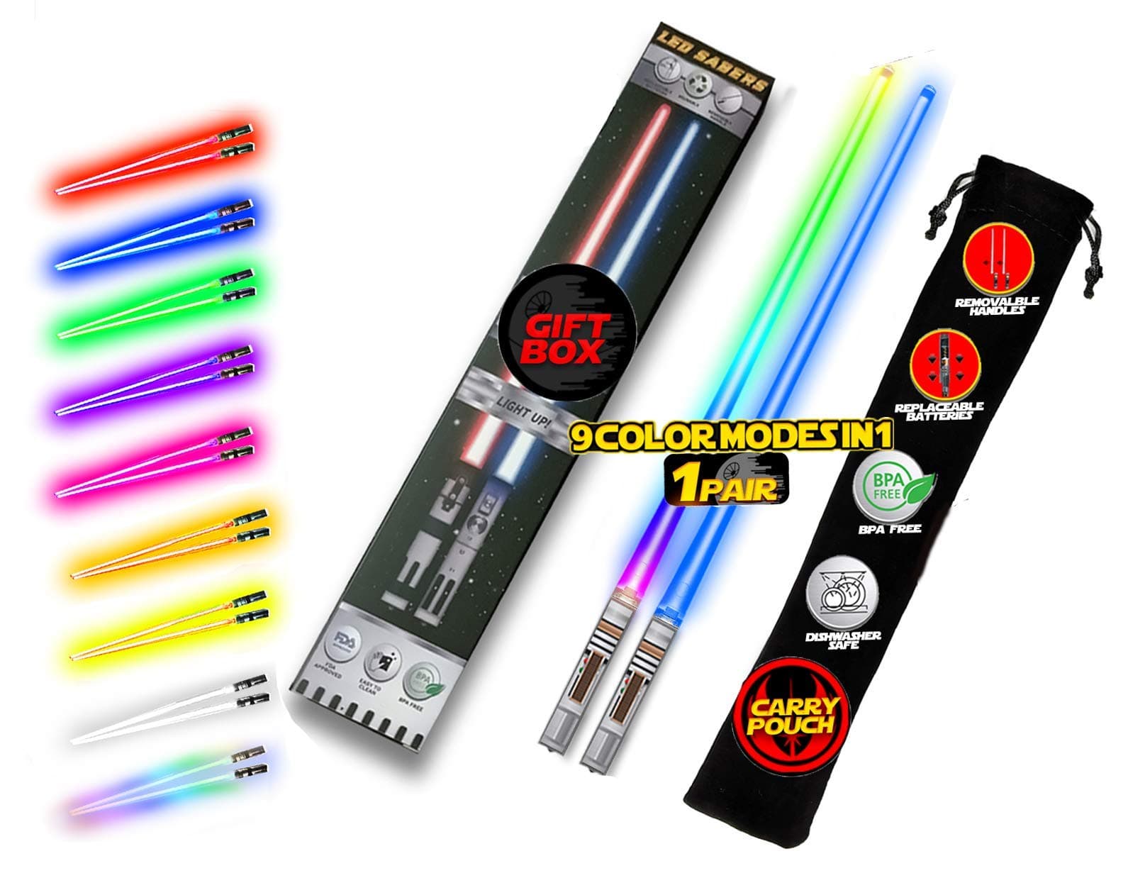 LIGHTTICKS LIGHT UP STAR WARS LED Glowing Light Sticks REUSABLE Sushi Lightup s Removable Handle Dishwasher Safe 8 Color Modes 1 Pair