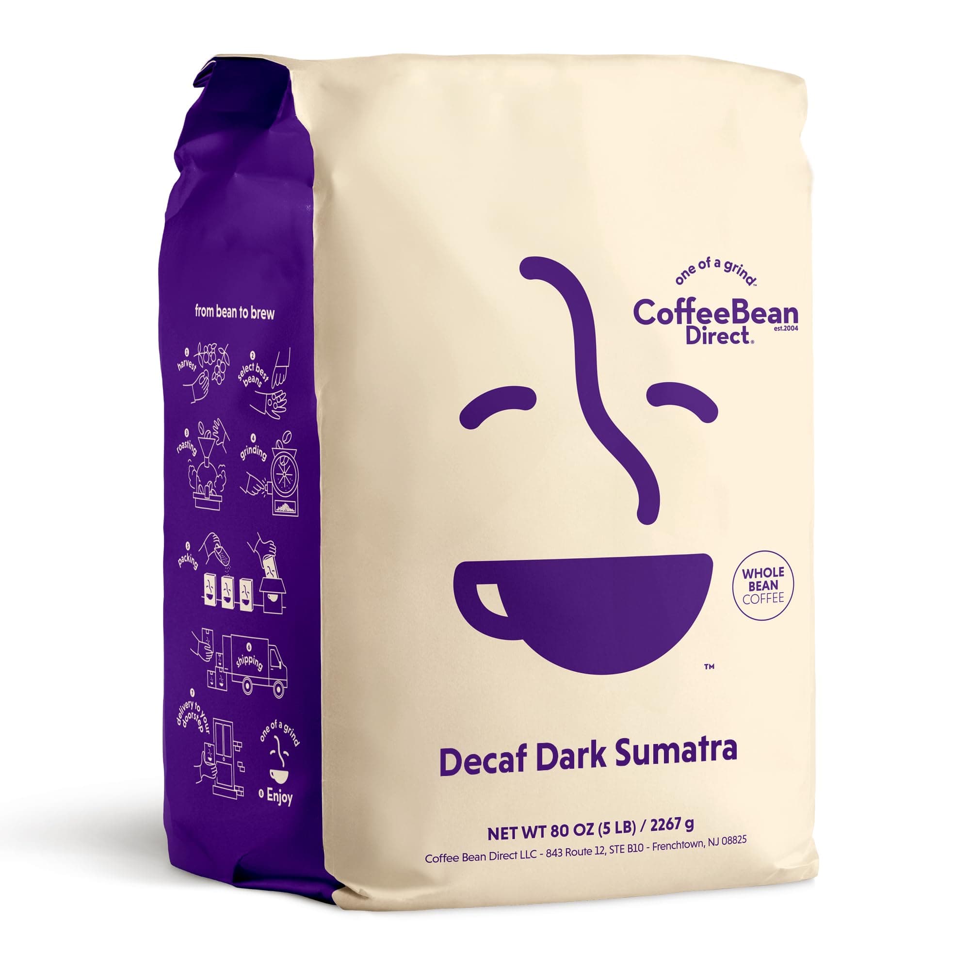Coffee Bean Direct Decaf Dark Sumatra, Whole Bean Coffee, Arabica Coffee, Dark Roast, 5 Pound Bag (Pack of 1)