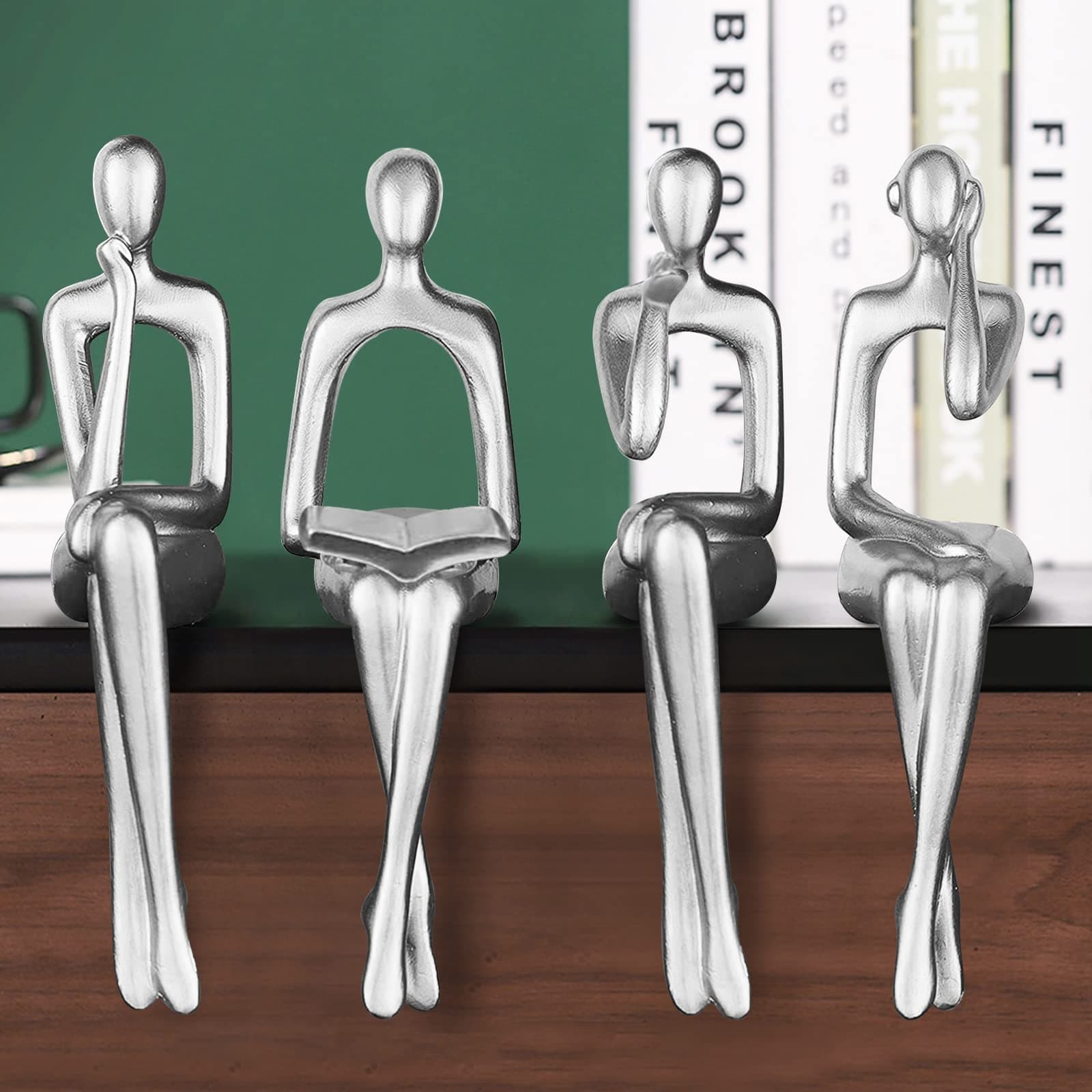 Silver Home Decor Abstract Thinker Statues, Modern Bookshelf Sitting Figurines, Resin Sculpture Collectible Accents for Office Coffee Table Living Room Shelves Decoration,Silver