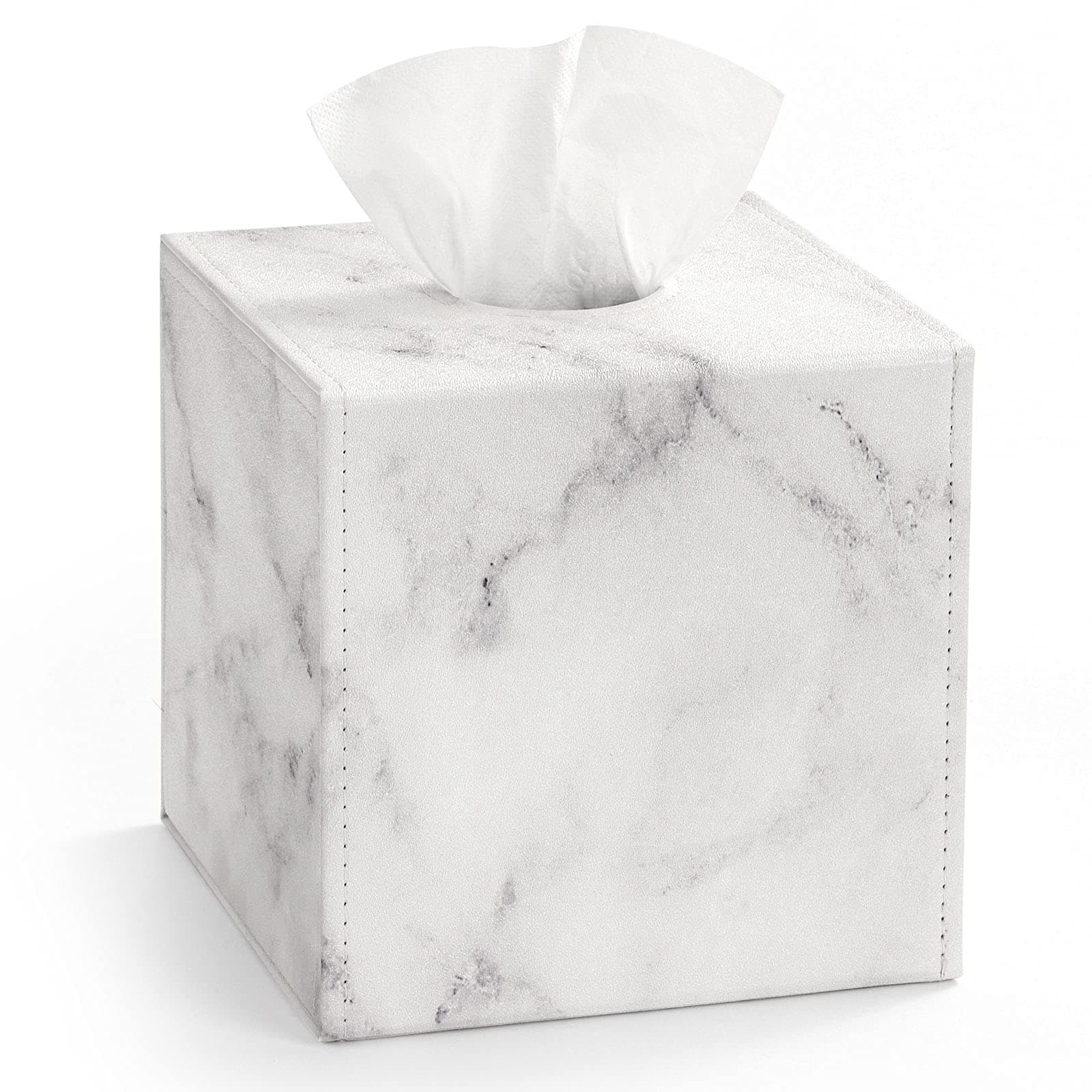 Luxspire PU Leather Tissue Box Holder, Modern Square Tissue Box Cover Decorative Paper Facial Case Dispenser with Magnetic Bottom for Bathroom Vanity Night Stands, Office Car Home Decor, White Marble