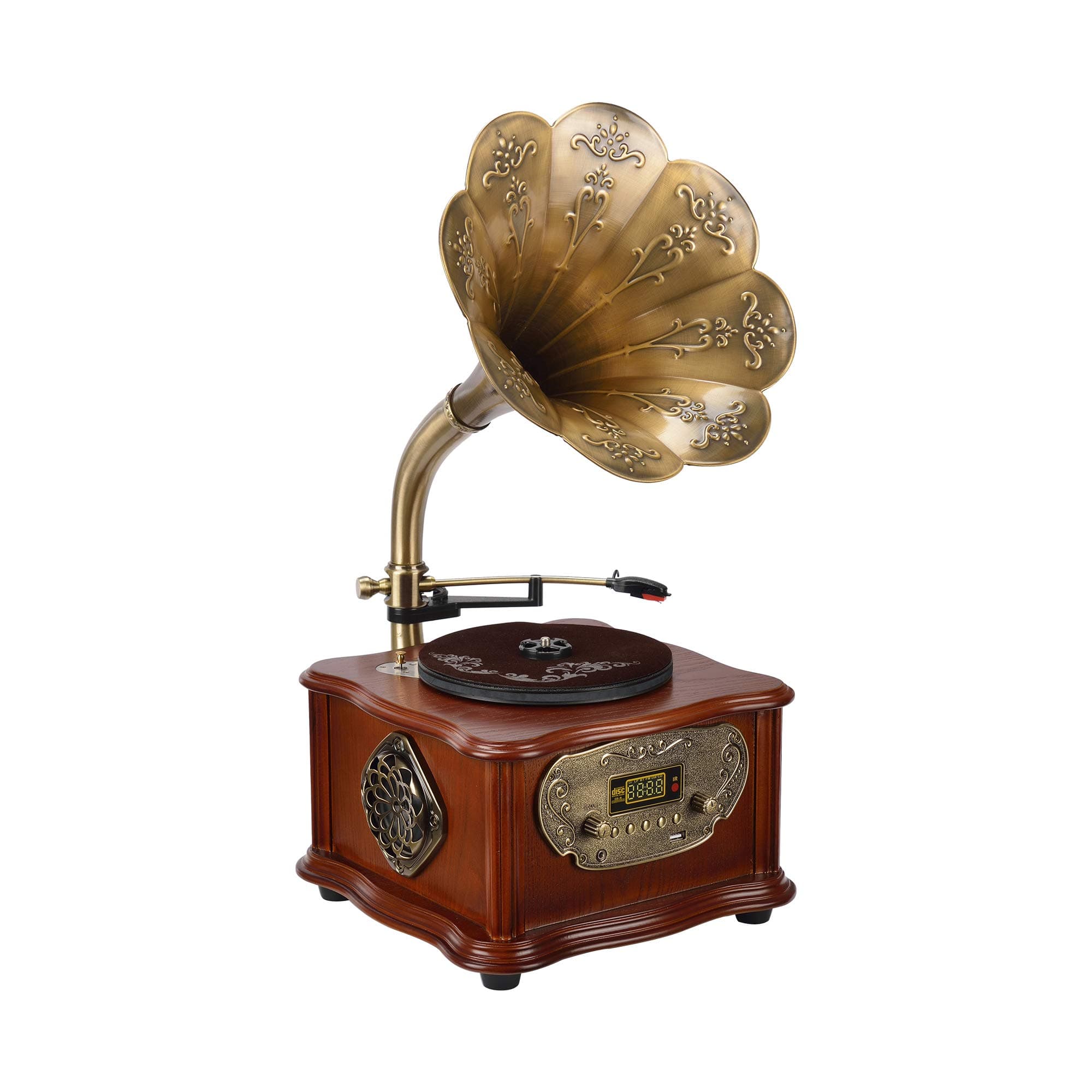 Wooden Gramophone Vinyl Record Player Speakers System Control 33/45 RPM FM AUX USB Ouput Bluetooth 4.2