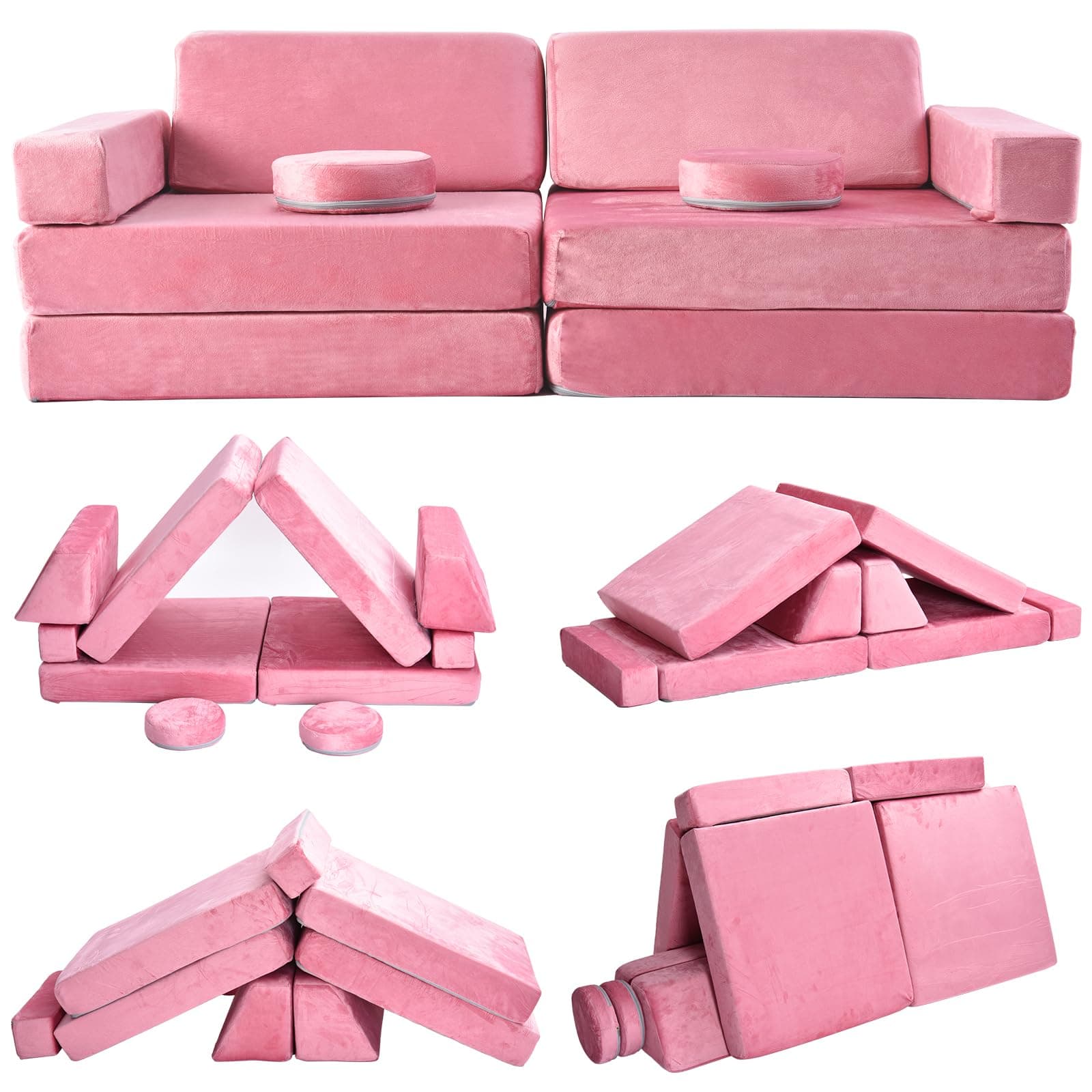 Kids Play Couch,10 Pcs Toddler Couch Sofa,Foam Modularized Kids Couch,Convertible Kids Toddlers Play Couch Sofa Set for Playroom Bedroom (Pink)