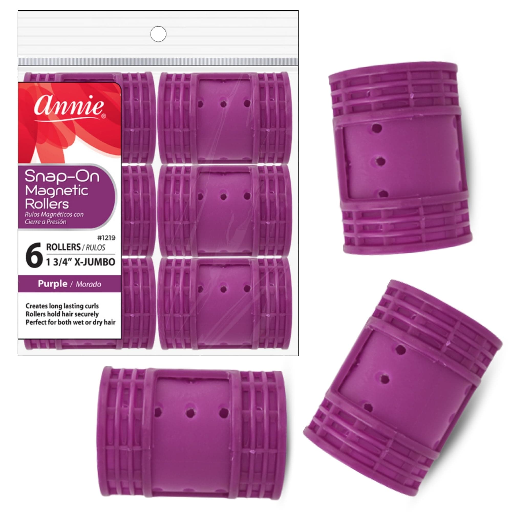 Annie Snap-On Magnetic Hair Rollers – Extra Jumbo 1 3/4 Inch with Locking Snap-Over Hood – Secure Hold No Pins Needed – Purple, 6 Count