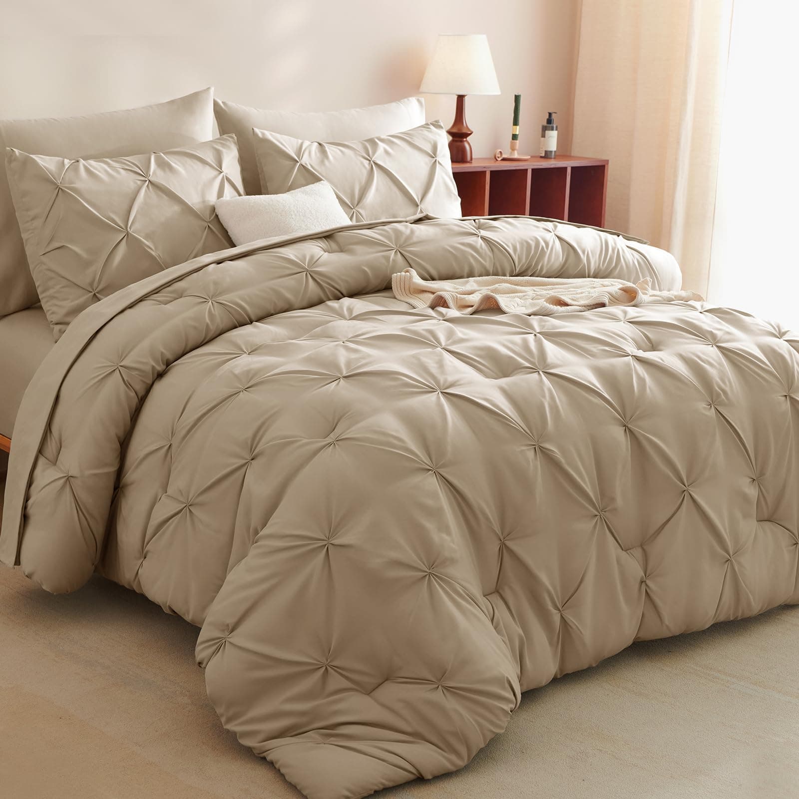 CozyLux Full Size Comforter Sets Taupe, 7 Pieces Pintuck Bed in A Bag Taupe Comforter Full Size, Pinch Pleat Bedding Sets with All Season Comforter, Sheets, Pillowcases & Shams