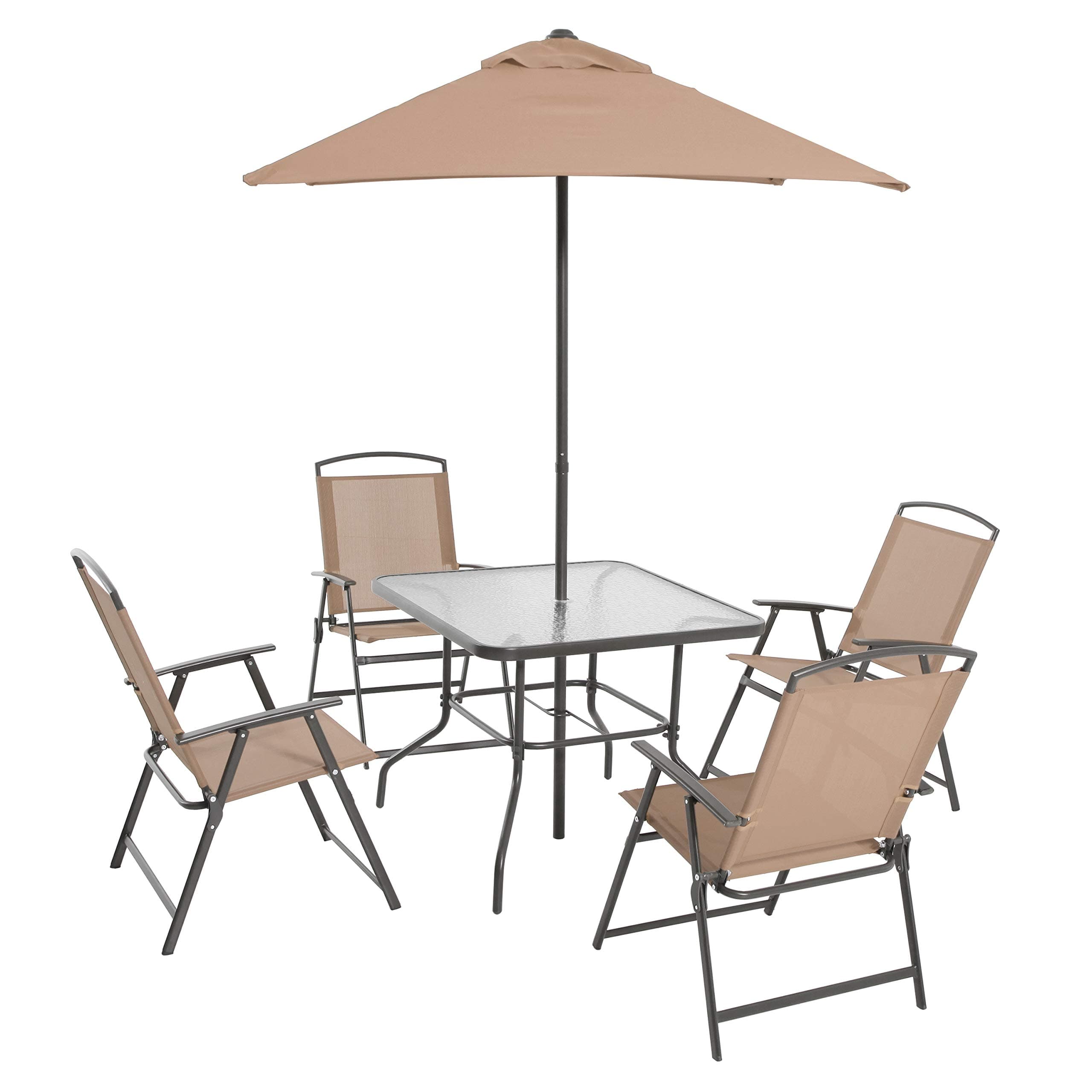 Albany Lane 6-Piece Folding Dining Set By Mainstays, Patio Table, Chair, Umbrella, Set, Outdoor Decorations, (Tan)