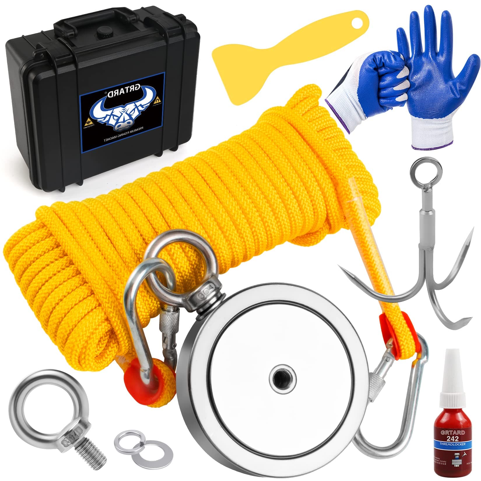 Grtard Fishing Magnet Kit - 2625 LBS Pulling Force, Double Sided Magnet with Case, Heavy Duty Retrieval in River, Beach - 4.57 inches Diameter