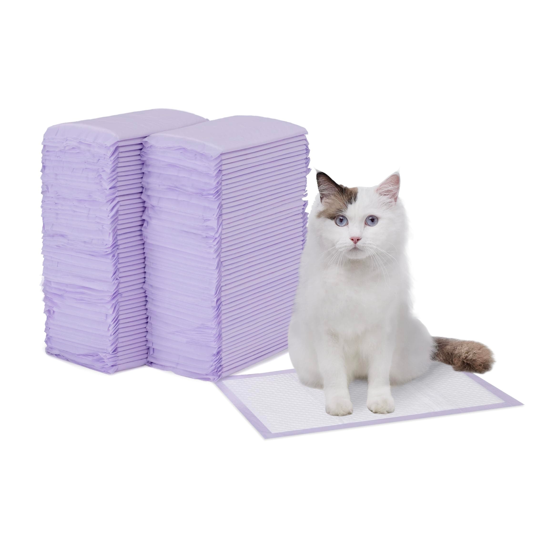 Cat Pee Pads, Super Absorbent, Odor Control with Fresh Scent, Universal Fit for Litter Box, Multi Cat, Disposable, White/Purple, 100 Count