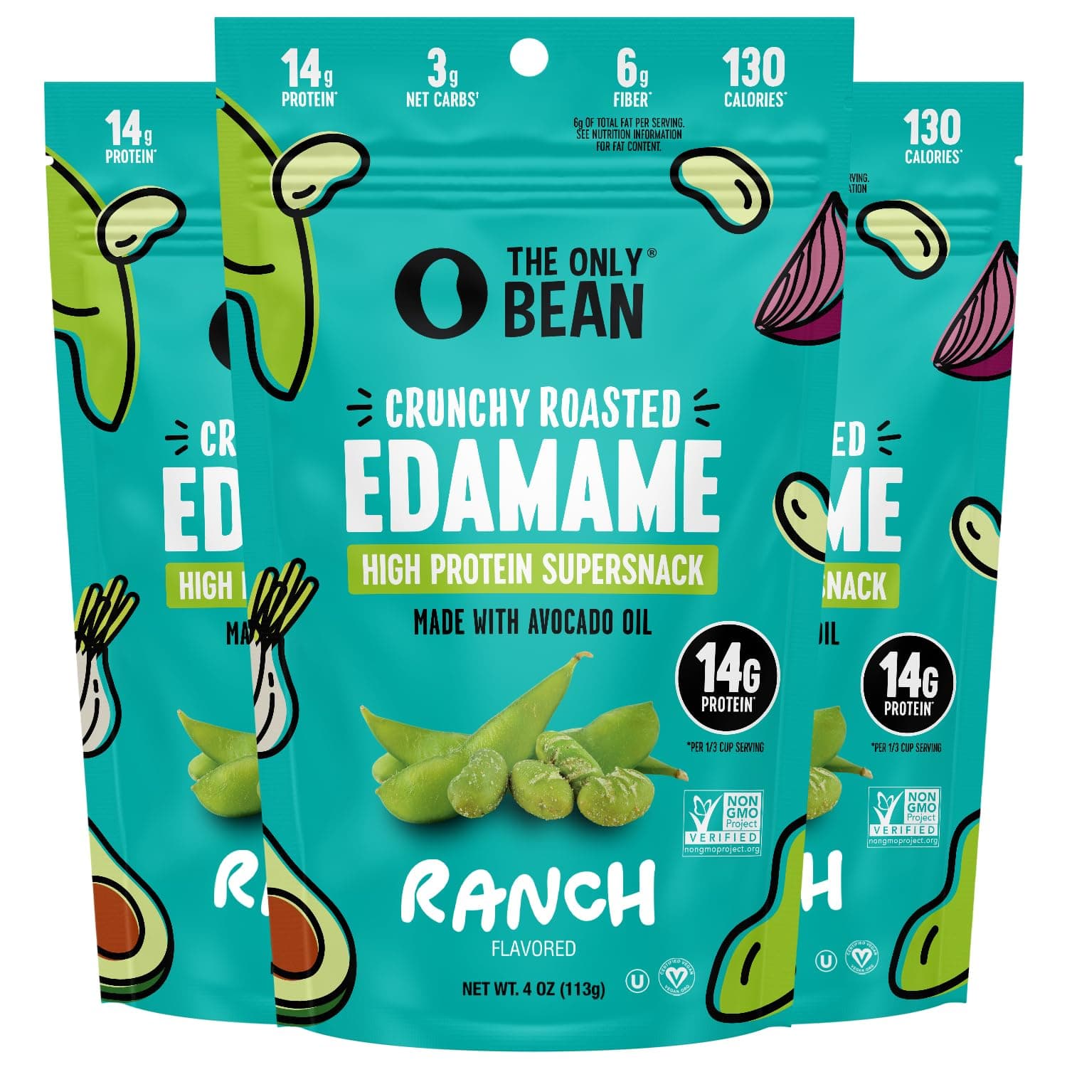 The Only Bean Edamame Dry Roasted Low Carb Snacks (Ranch), Vegan Gluten Free Snacks, Healthy Snacks for Kids and Adults, High Protein Snacks, Keto Snacks, Diabetic Snacks, 4oz (Pack of 3)
