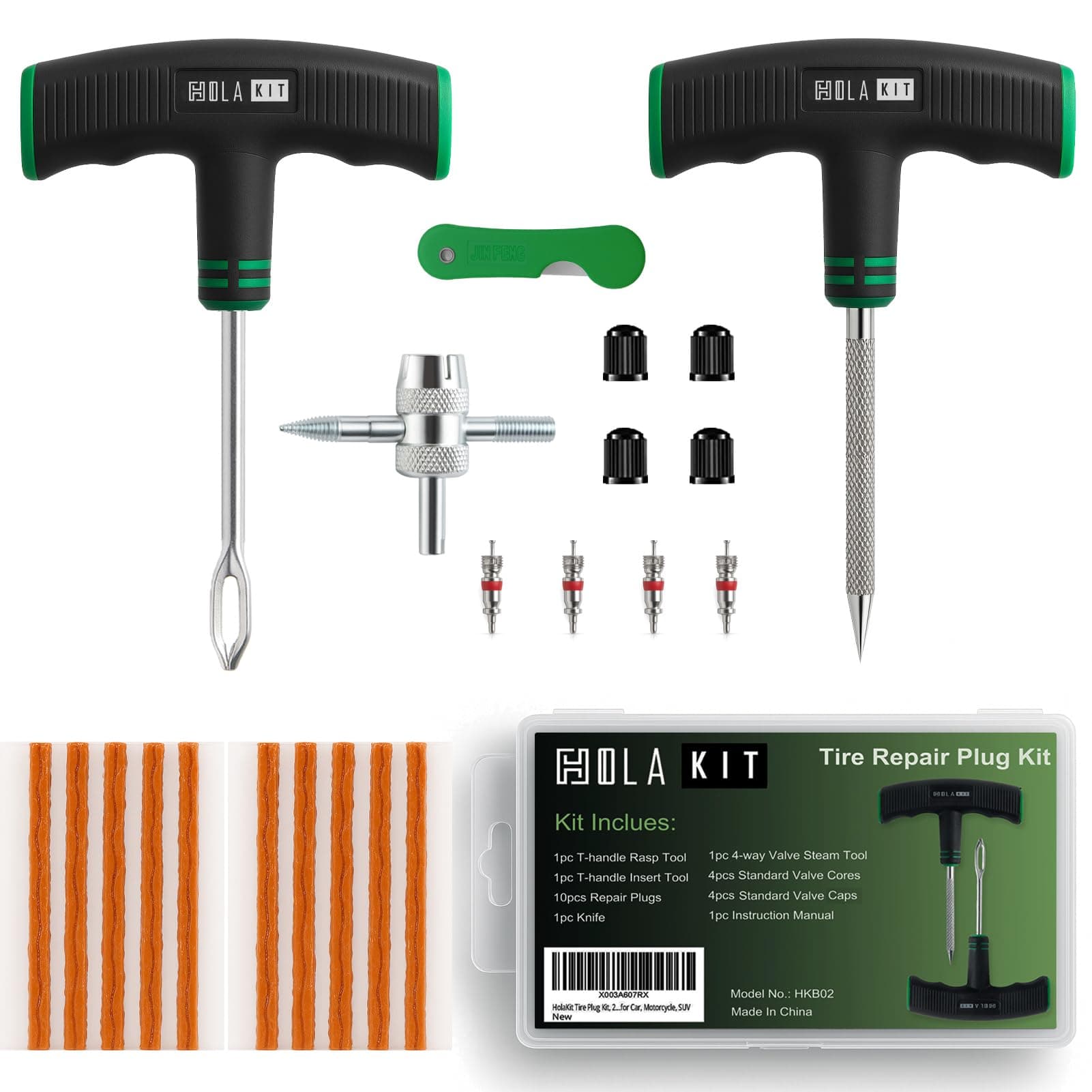 HolaKit Tire Plug Kit, 22PCS Compact Tire Repair Kit with Rubber Plugs, Upgrade T-Handle, 4-Way Valve Steam Tool, Flat Tire Puncture Repair Tools for Cars, Motorcycle, ATV, SUV