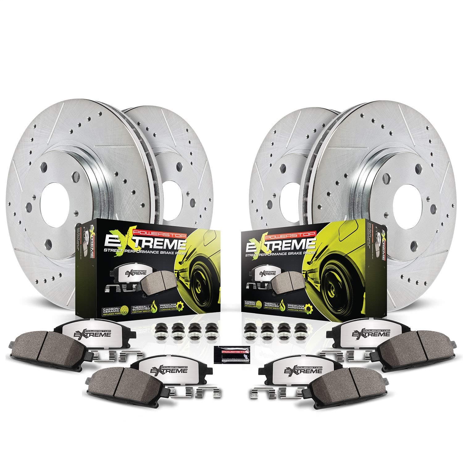 PowerStop Front and Rear Brake Kit For Chrysler 300 2005-23 |Dodge Challenger 2009-23 |Charger 2006-23 |Magnum 2005-08 - Carbon Fiber Ceramic Brake Pads + Drilled & Slotted Rotors Upgrade, K2853-26