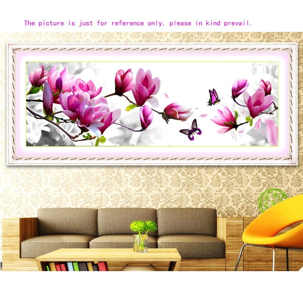 Tourwin Cross Stitch,DIY Handmade Needlework Set Embroidery Kit Elegant Pink Magnolia Design 3D Pattern Cross-Stitching 124 * 48cm Home Decoration