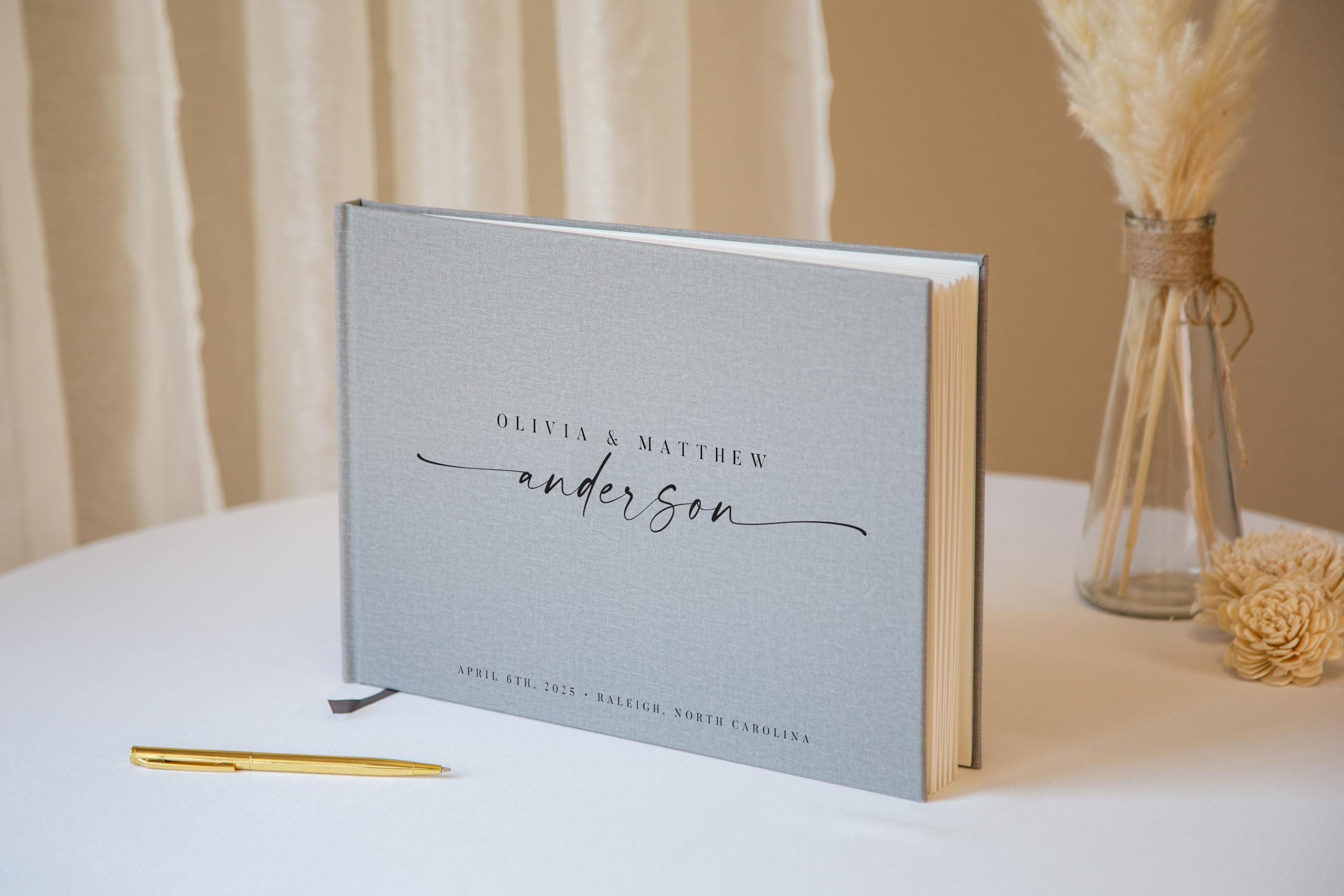 Personalized Guest Book - 11.5" x 8.5" Custom Bride & Groom Names with Bookmark and Hard Cover 140 GSM Blank Pages, for Weddings Guest Book, Engagements, Birthdays, Special Events, Gray