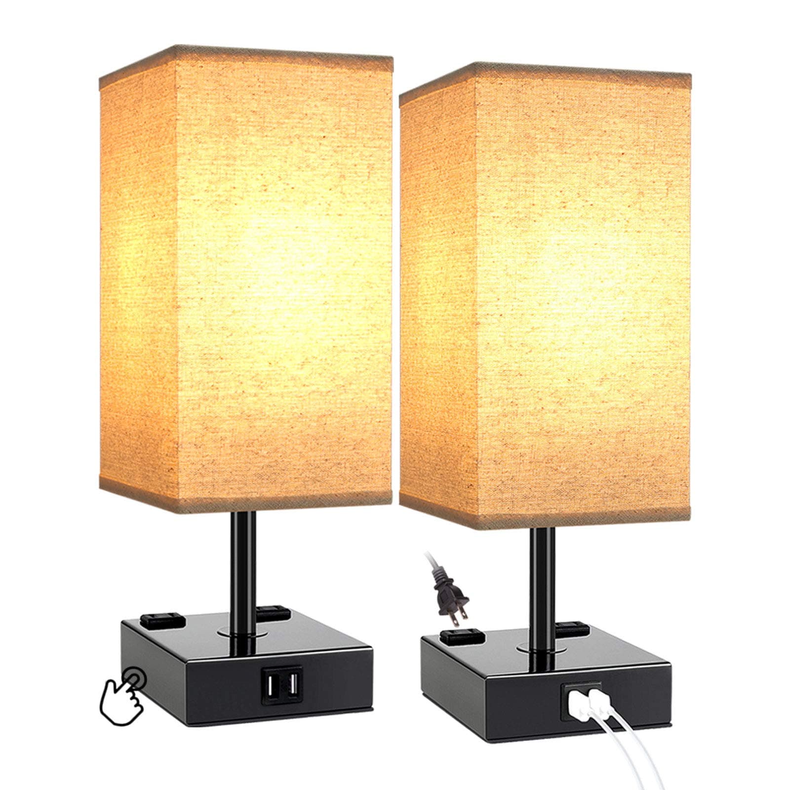 Dicoool Touch Table Lamps for Bedrooms, Bedside Lamp with USB Port and Outlet, Nightstand Lamp 3 Way Dimmable, w/ Fabric Shade and Metal Base for Study Room, Living Room, Set of 2