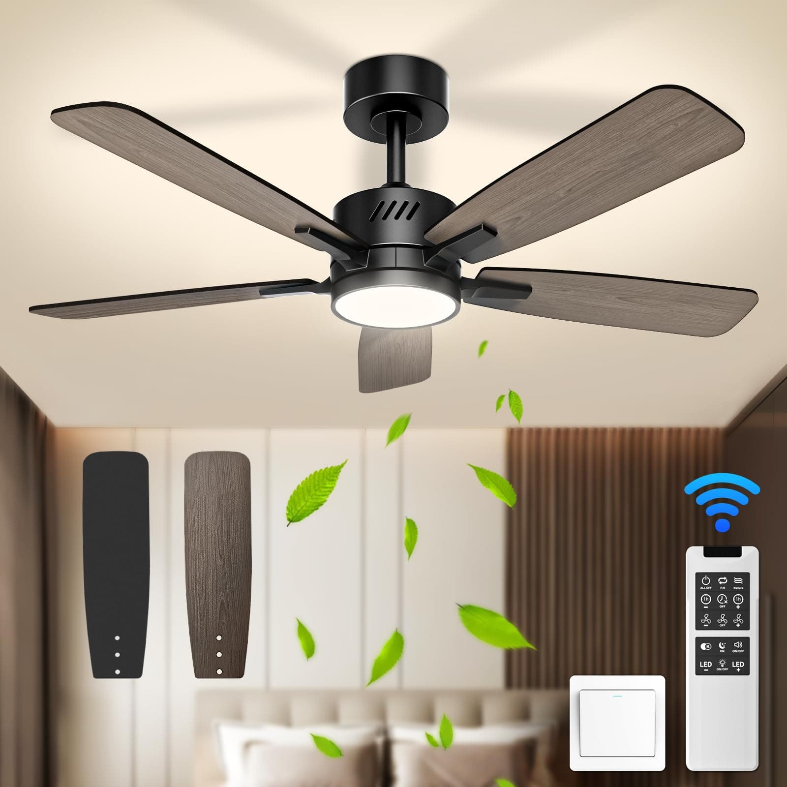 JOFIOS Ceiling Fans with Lights and Remote Control, 42 Inch Ceiling Fan with Adjustable Color Temperature, 6 Speed Quiet Dimmable DC Motor Revisable for Bedroom, Co