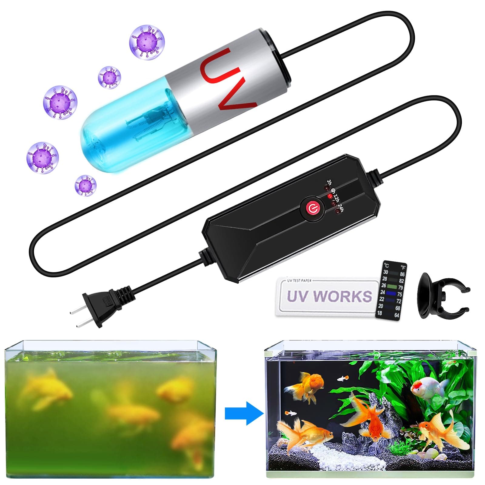 Aquarium Clean Light,3 W mini Submersible Algae Removal Light with Timer,Aquarium Water Clean Green Clear Waterproof Clean Light for Pond,Swimming Pool