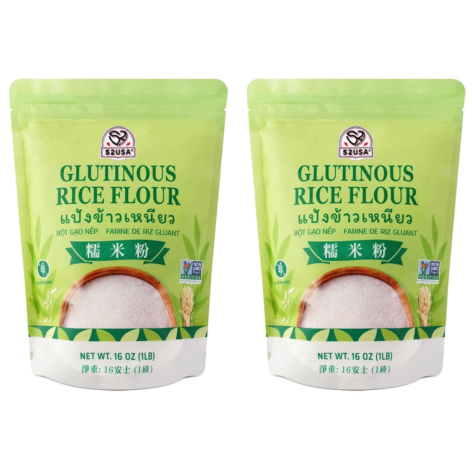 52USA Glutinous Rice Flour 32 Ounce (Basic), 2 Pound (Pack of 2), Rice Flour for Baking or Cooking, Product of THAILAND, All Natural White Rice Flour, Vegan, With Bag