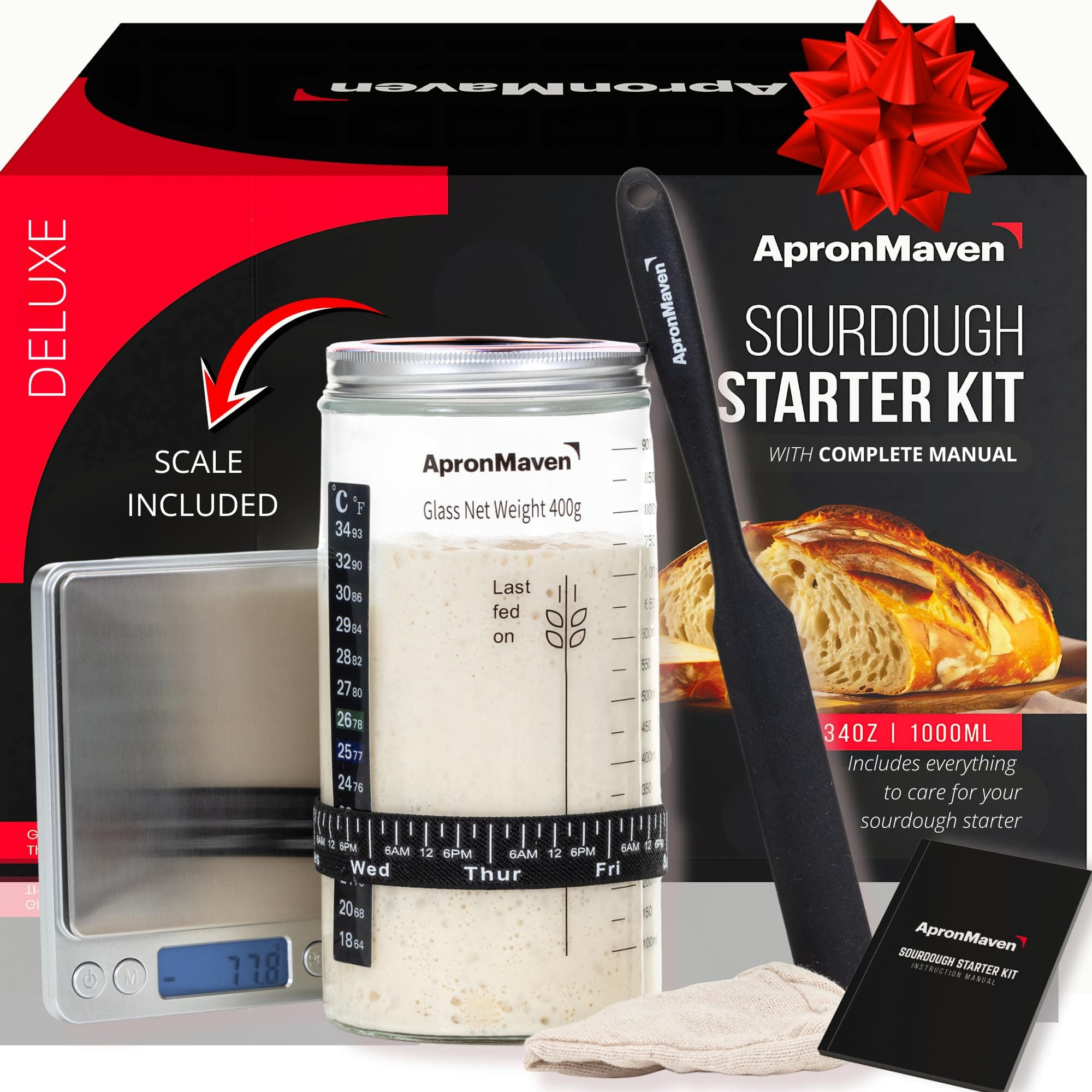Complete Sourdough Starter Kit – Glass Jar with Lid, Kitchen Scale and More | Useful Birthday Gifts for Women, Bakers, Mom, Wife Christmas Gift Idea | Make Homemade Artisan Bread | Care for Your Sourdough Starter