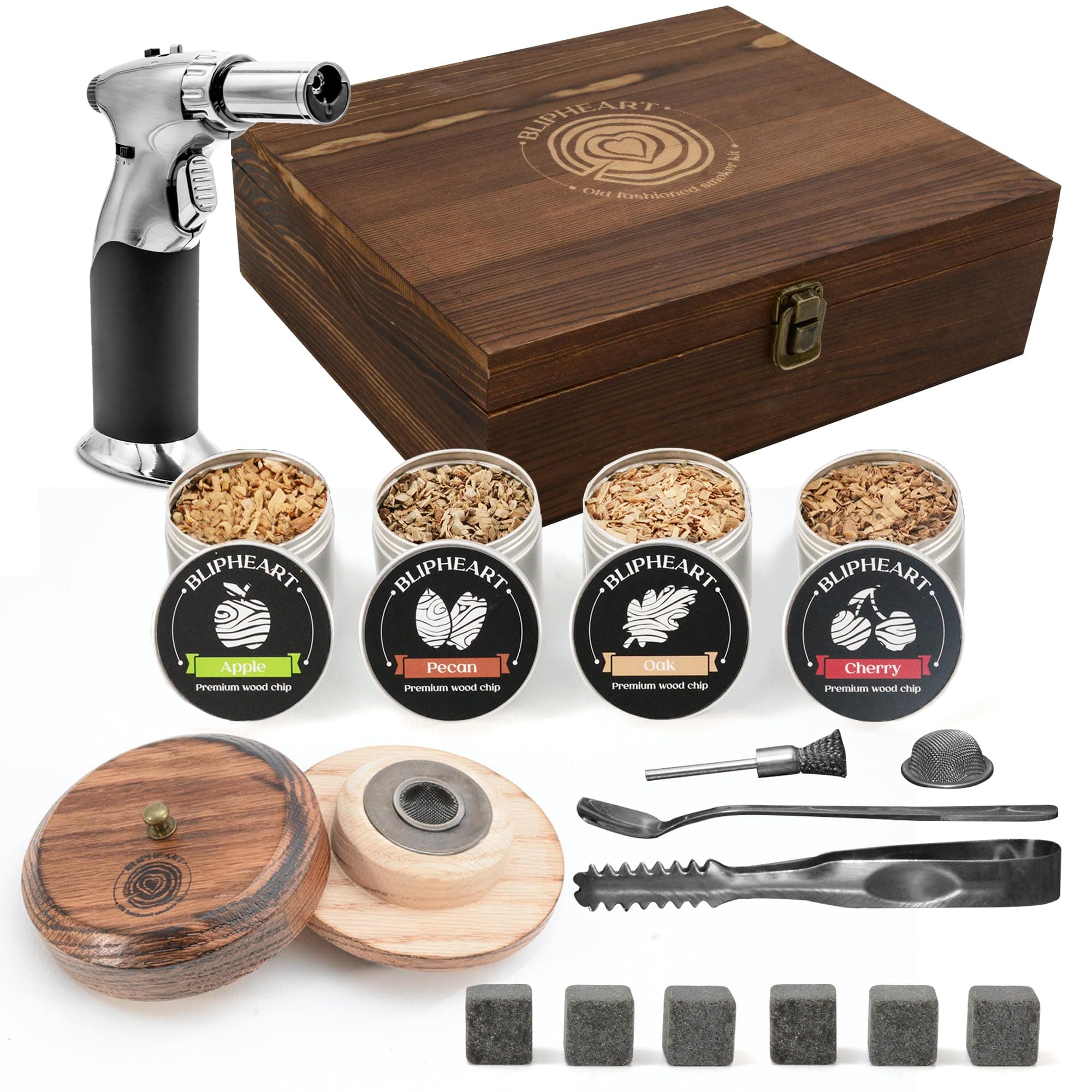 Cocktail Smoker Kit with Torch - 19-Piece Premium Complete Set for Whiskey Bourbon Smoking - Professional Bar Tools with Wood Chips & Granite Stones for Dad Men