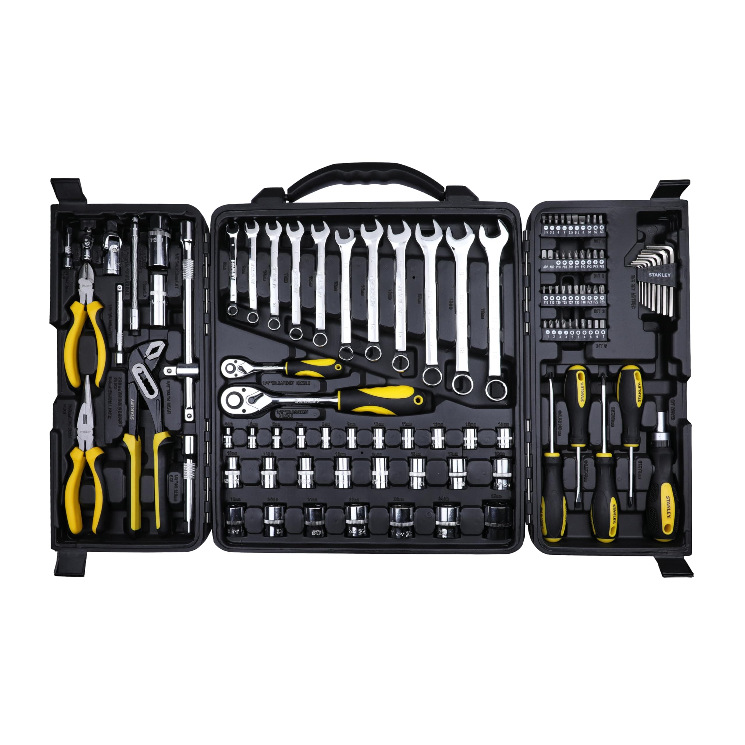 STANLEY STMT81243 110-Piece High Quality Multi-Toolkit containing Pliers, Spanners, Drivers, Sockets, Bits, Wrenches & Ratchets for Home, DIY & Professional Use, 1 Year Warranty, Yellow & Black