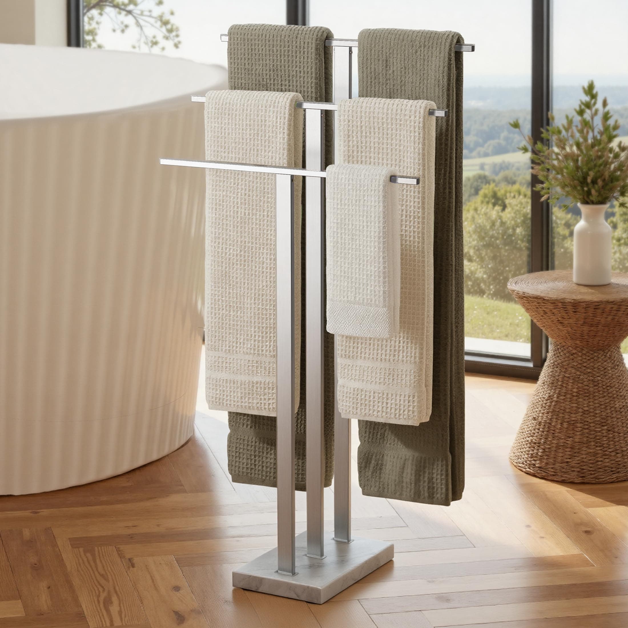 KES Standing Towel Rack 3-Tier with Heavy Marble Base, Free Standing Towel Racks for Bathroom Floor, SUS304 Stainless Steel Brushed Finish, BTH217S3-2