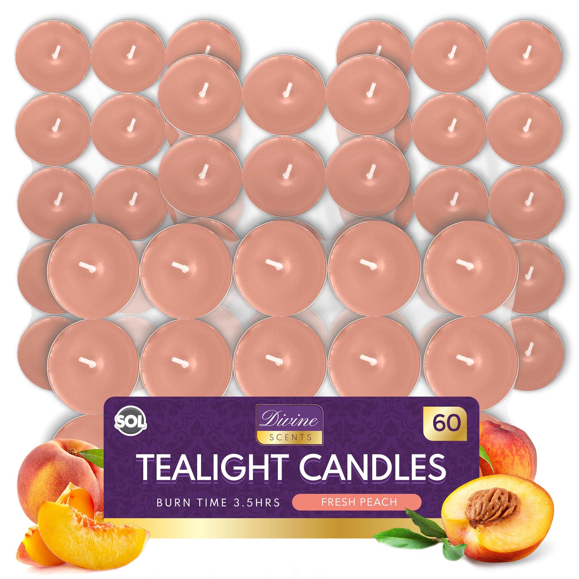 60pk Fresh Peach Tea Lights | Scented Tea Light Candles | Tea Lights Scented | Peach Candle | Long Burning Tealights | Tea Lights Candles | T Lights | Orange Tea Lights | Tealights