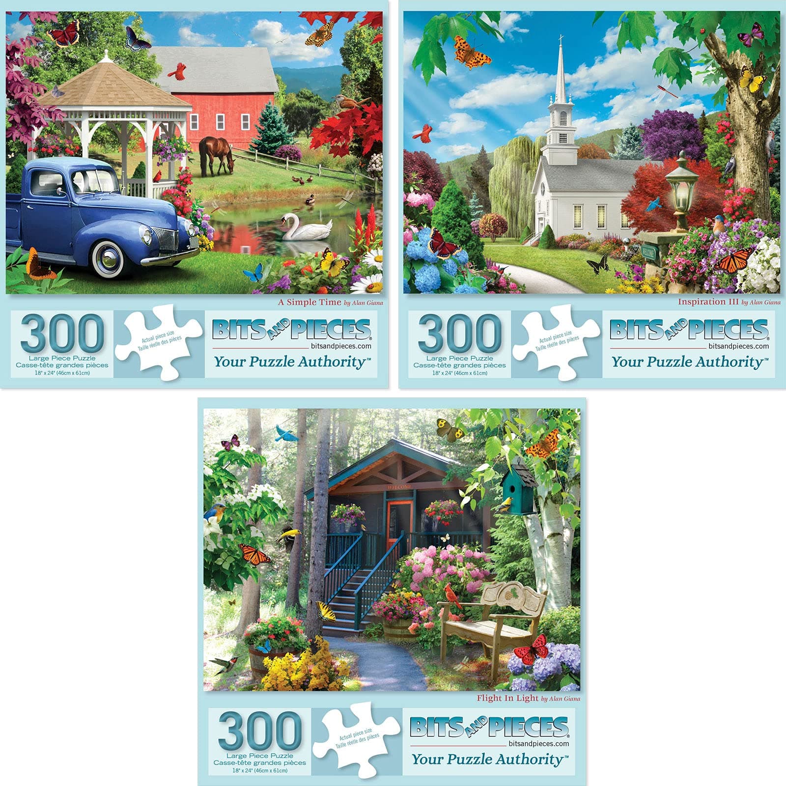 Bits and Pieces - Value Set of Three (3) 300 Piece Jigsaw Puzzles for Adults - Measures 18" x 24" - 300 pc Inspiration Simple Time Flight in Light Flower Nature Spring Jigsaws by Artist Alan Giana