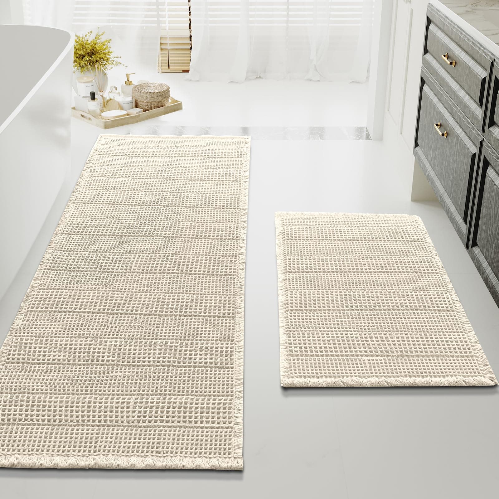 H.VERSAILTEX Waffle Bath Mat Super Absorbent Bathroom Mats Non Slip Bath Rugs for Bathroom Floor Machine Washable Ultra Soft Bathroom Rugs for Beside Tub, (32 x 20 Plus 24 x 60 - Inches, Ivory)