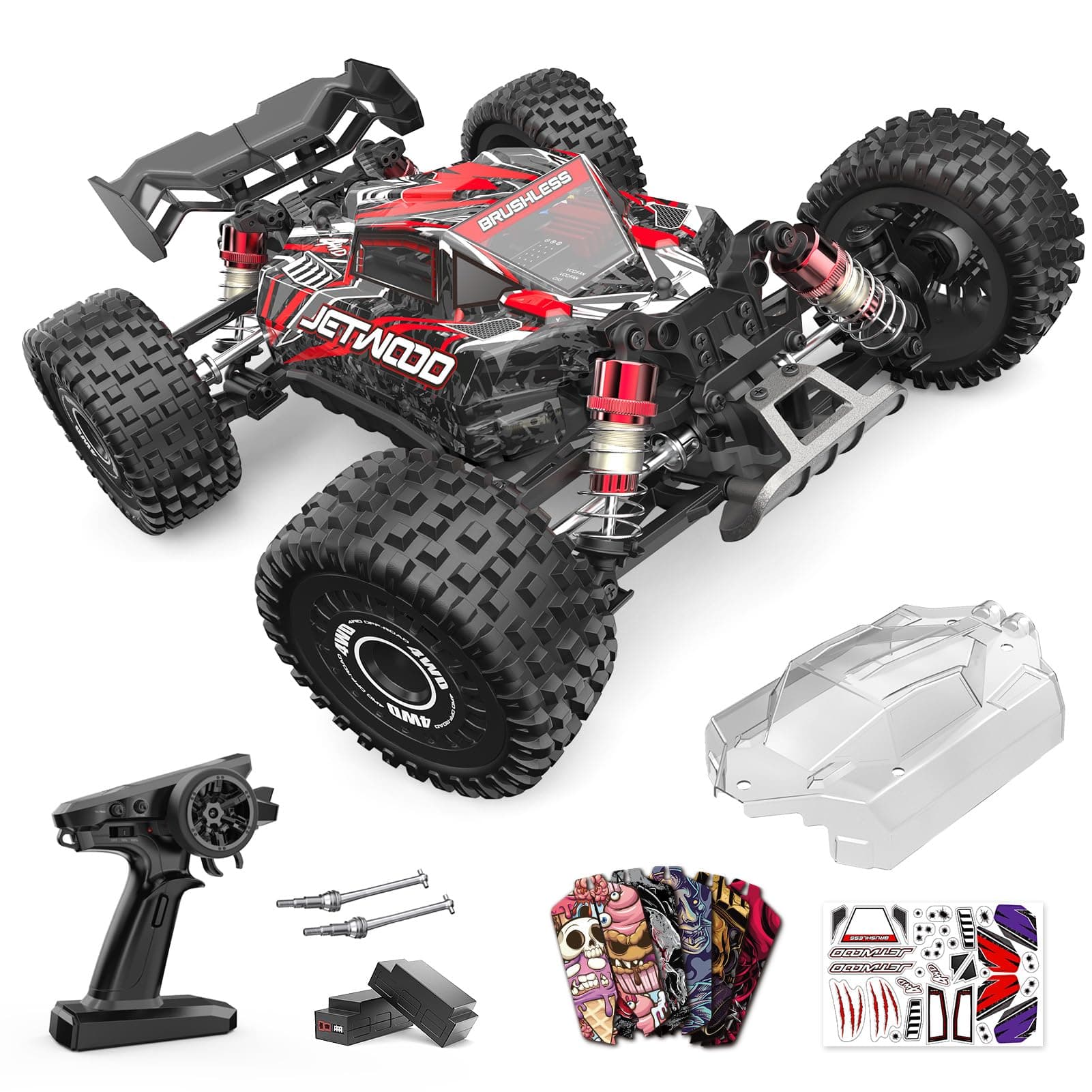 Jetwood 1:16 Fast RC Car, Brushless 42MPH Remote Control Car for Adults - High Speed 4WD RTR RC Truck with 2 LiPo Batteries & DIY Body, JC16EP Red