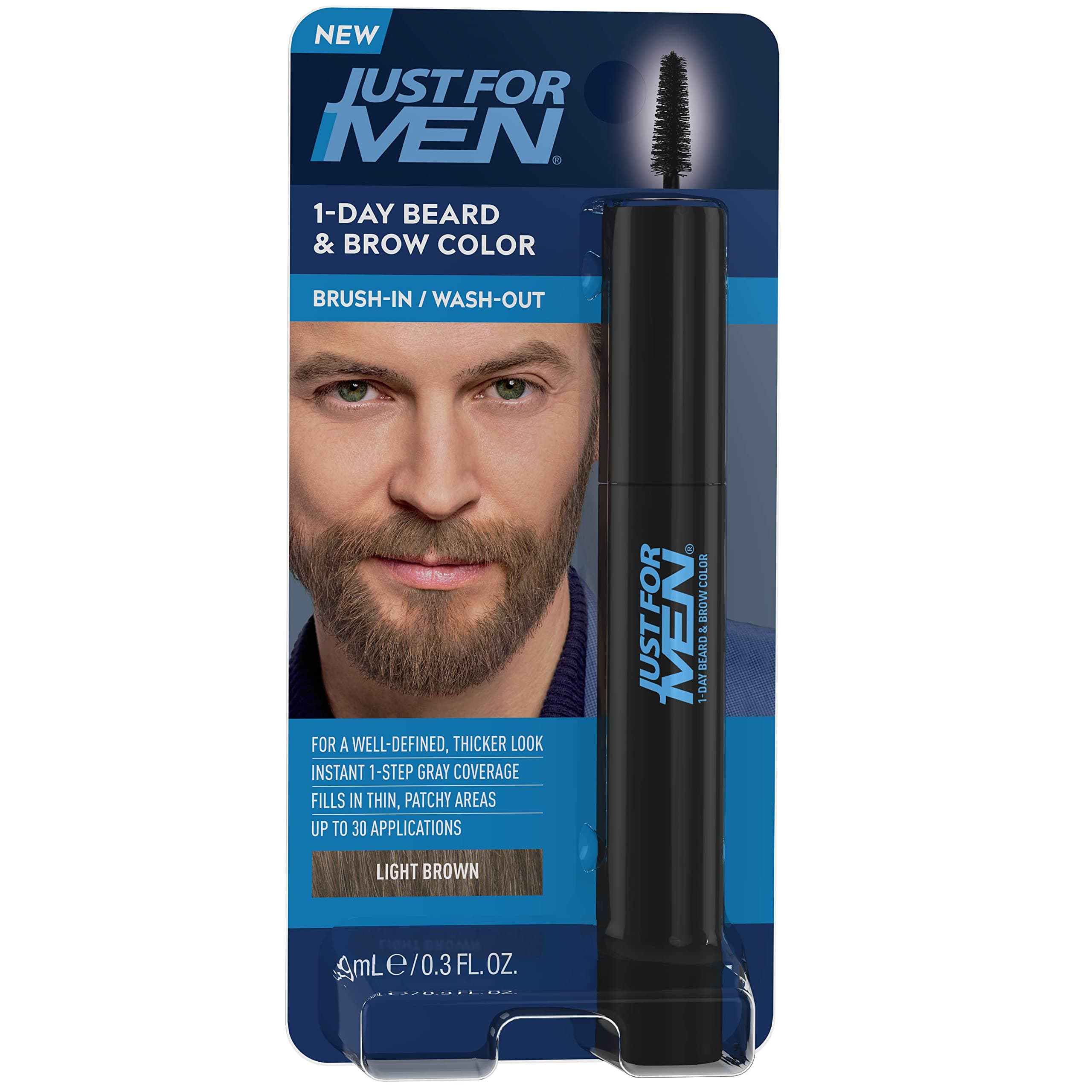 1-Day Beard and Brow Colour Brush, For Instant 1-Step Grey Coverage, Brush-In, Wash-Out, For A Thicker Well-Defined Look, Light Brown