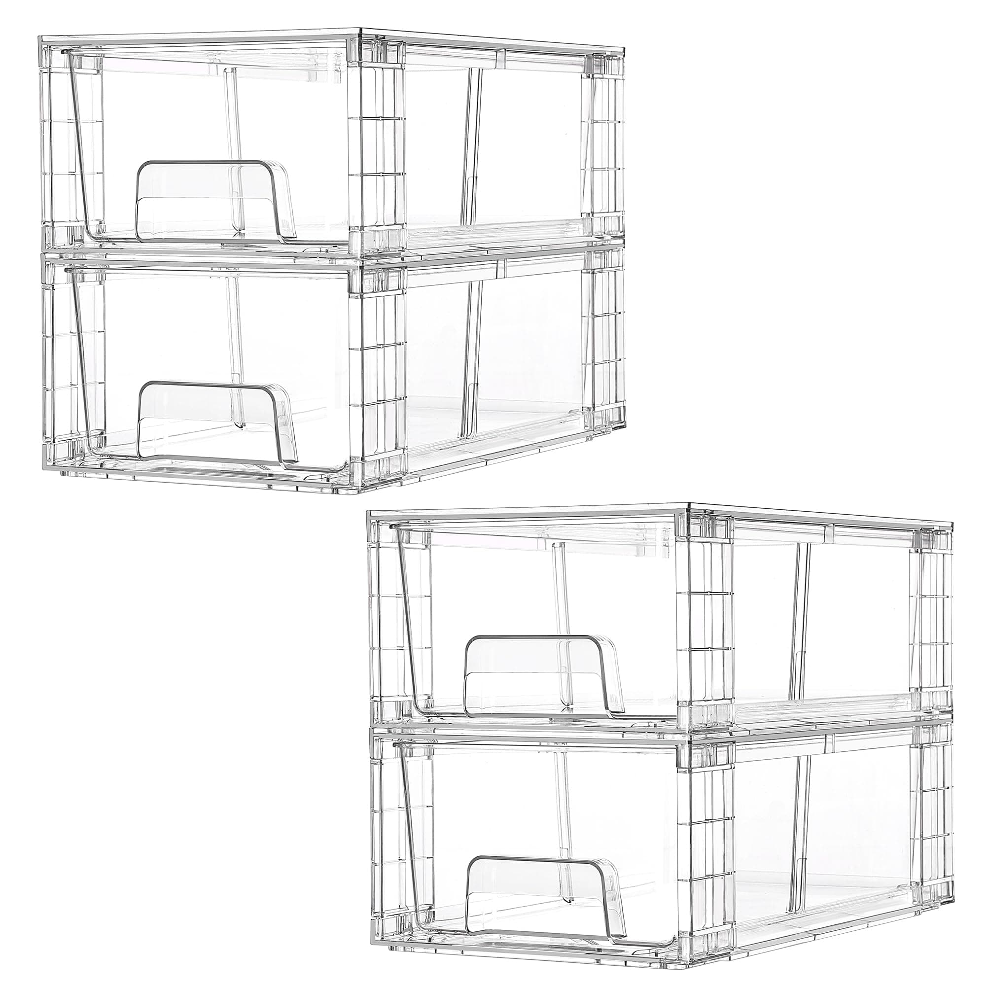 4 Pack Stackable Storage Drawers,Clear Acrylic Drawer Organizers with Handles, Easily Assemble for Fridge, Bathroom,Kitchen Undersink,Cabinet,Pantry Organization and Storage