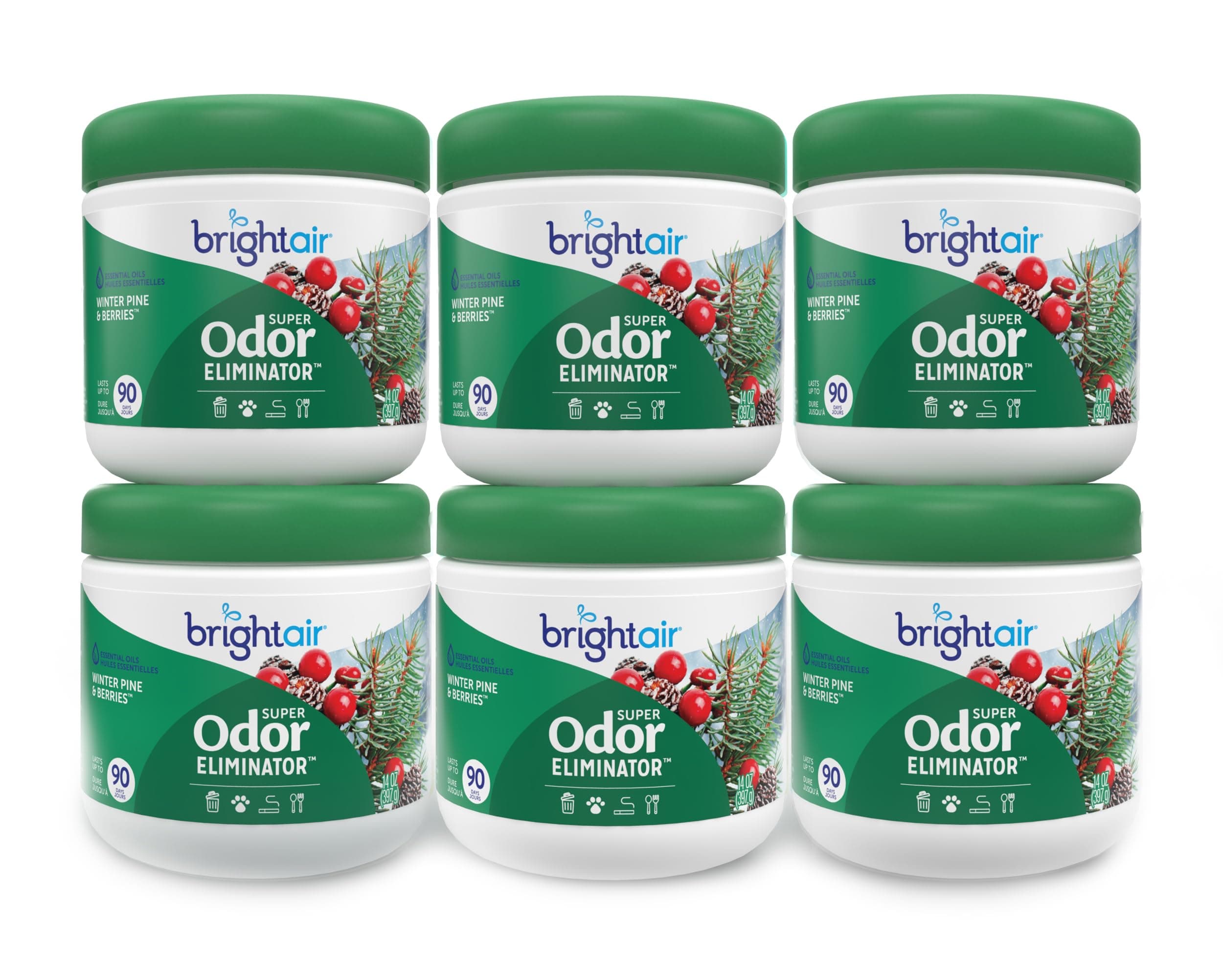 Bright Air 14 oz. Super Odor Eliminator, For Medium-Size Spaces, Winter Pine & Berries Scent, Case of 6, Odor Eliminator & Air Freshener, Natural Essential Oils, Lasts Up to 90 Days Each