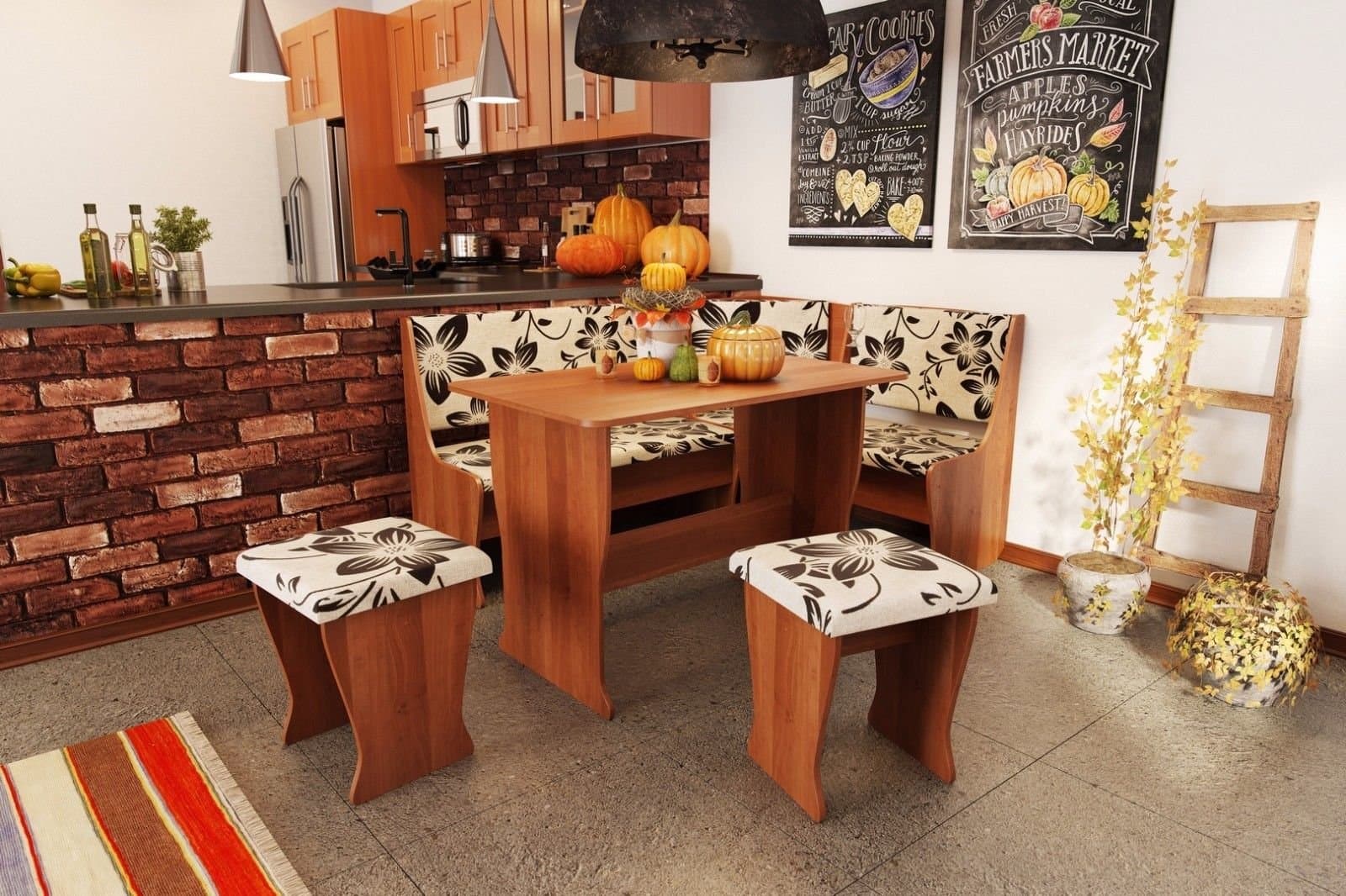 Fiji Kitchen Nook Dining Table Set L-Shaped Storage Bench Honey Oak/Floral