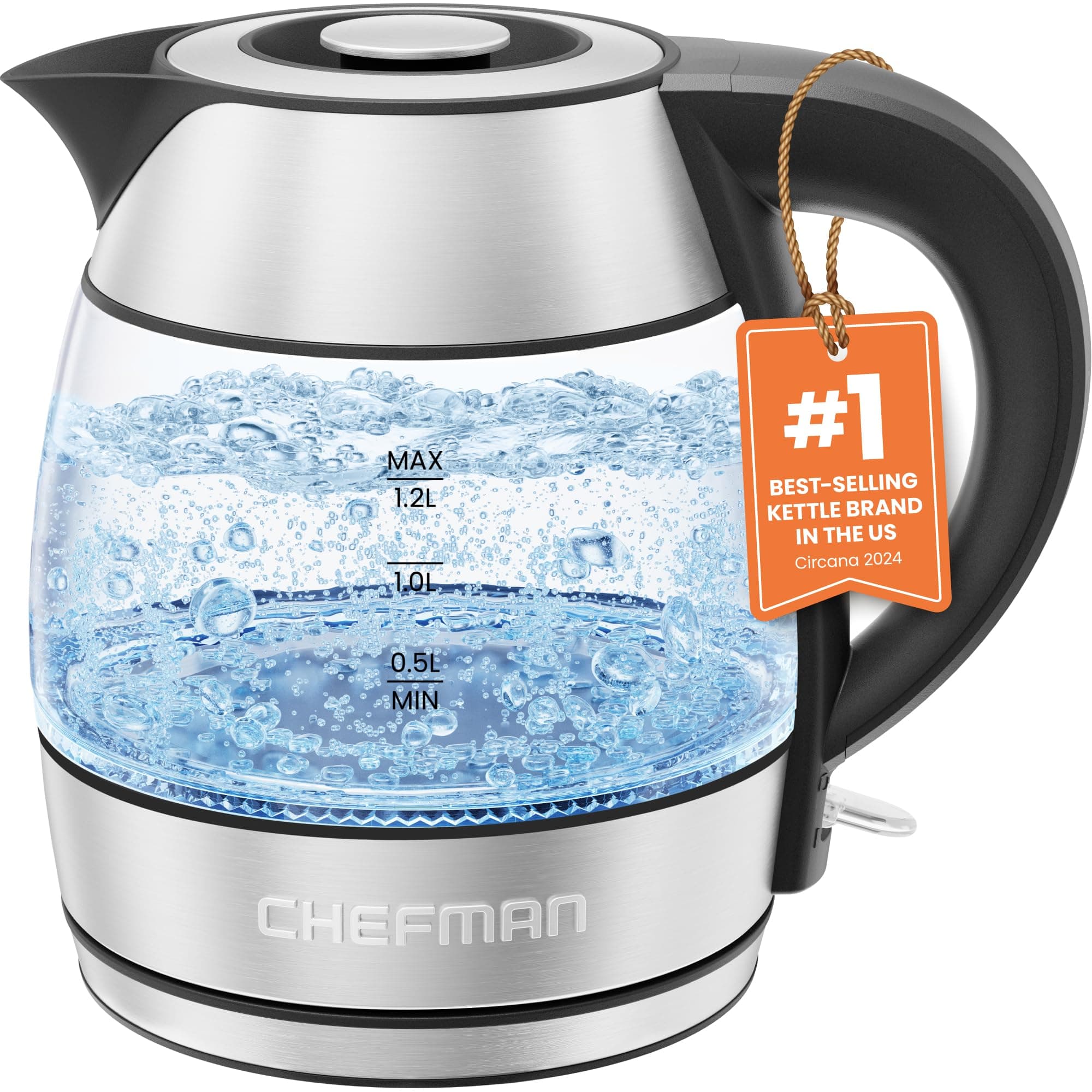 Chefman 1.2L Electric Tea Kettle with LED Lights, Automatic Shut Off, Removable Lid, Boil-Dry Protection, Hot Water Electric Kettle Water Boiler, Electric Kettles for Boiling Water