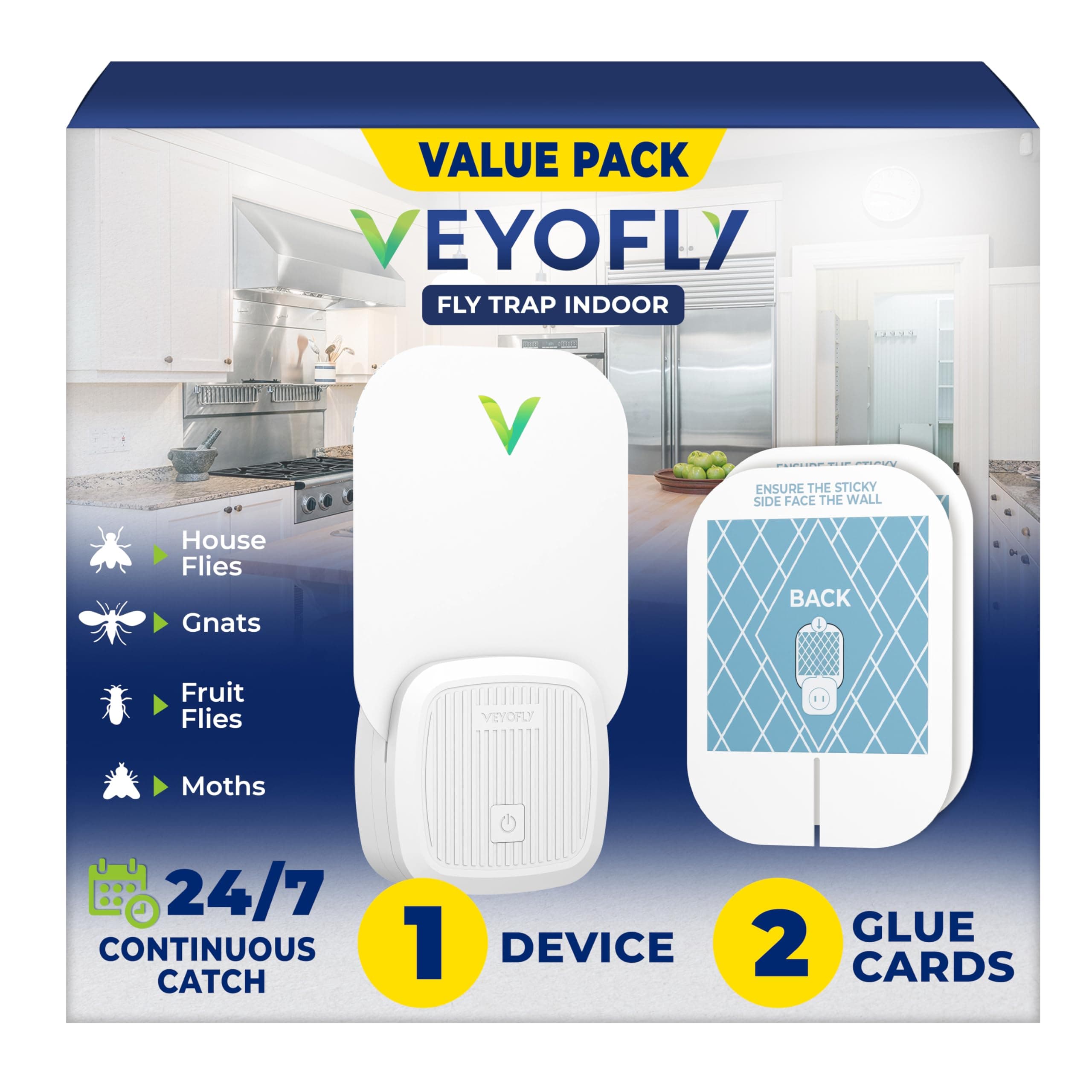 Fly Trap Indoor, Fruit Fly Traps for Indoors, (1 Device + 2 Refills) Gnat Traps for House Indoor, Fly Catcher Indoor, Plug in Light Flying Insect Trap, Bug Light Killer, Fly Trap