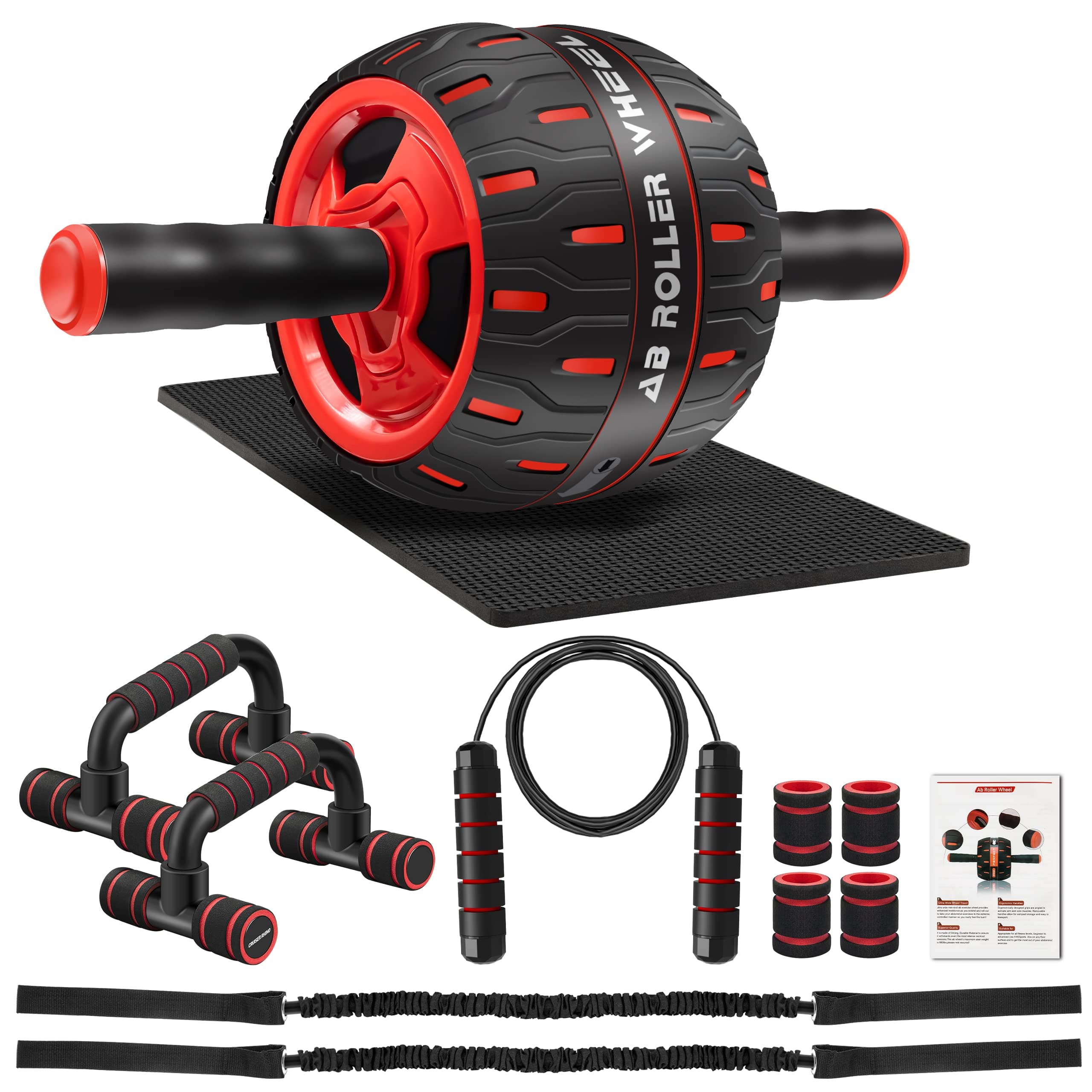 Ab Workout Equipment, Ultra Ab Roller Wheel Kit, Large Ab Roller with Resistance Bands, Push Up Bar, Jump Rope, Grip Strength Trainer, Pulling Rope, Ab Mat, Perfect for Home & Gym Fitness Equipment