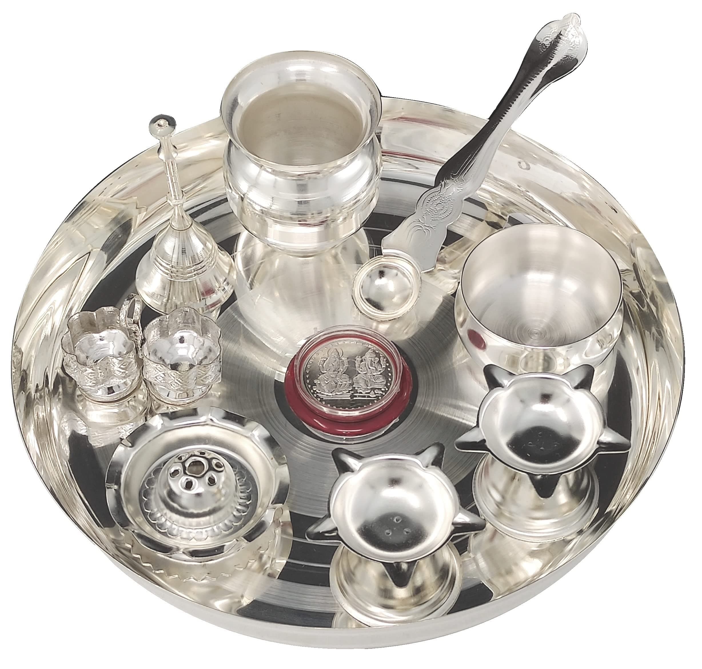 Pooja thali Set Silver Plated with 8 Inch Plate Bowl Agarbatti Stand Palli Kalash Diya Kumkum Holder Coin Puja Thali for Home Mandir Office Wedding Return Diwali Gift Items