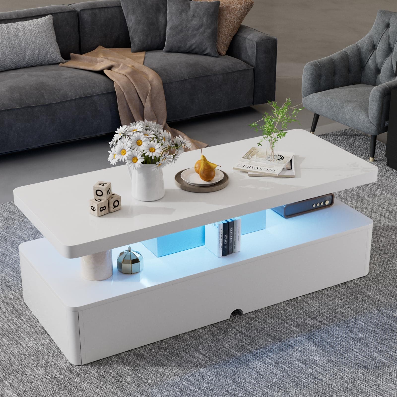 oneinmil Modern Stylish Coffee Table with 16 Colors LED Lights, Double-Layer Design for Living Room, White