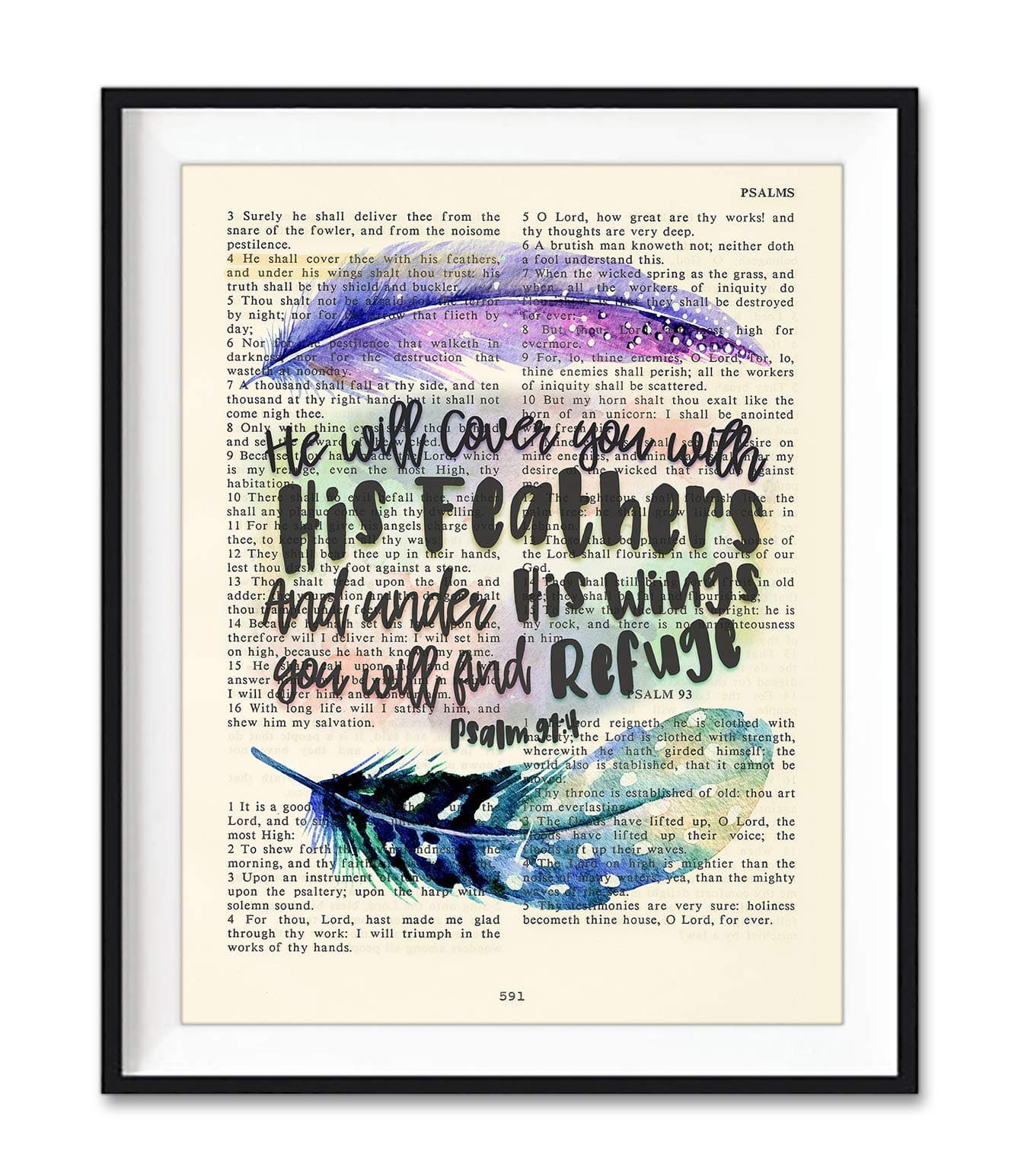 He Will Cover You With His Feathers, Psalm 91:4 Christian Art Print, Unframed, Vintage Bible Page Verse Scripture, Inspirational Gift, 5x7 Inches