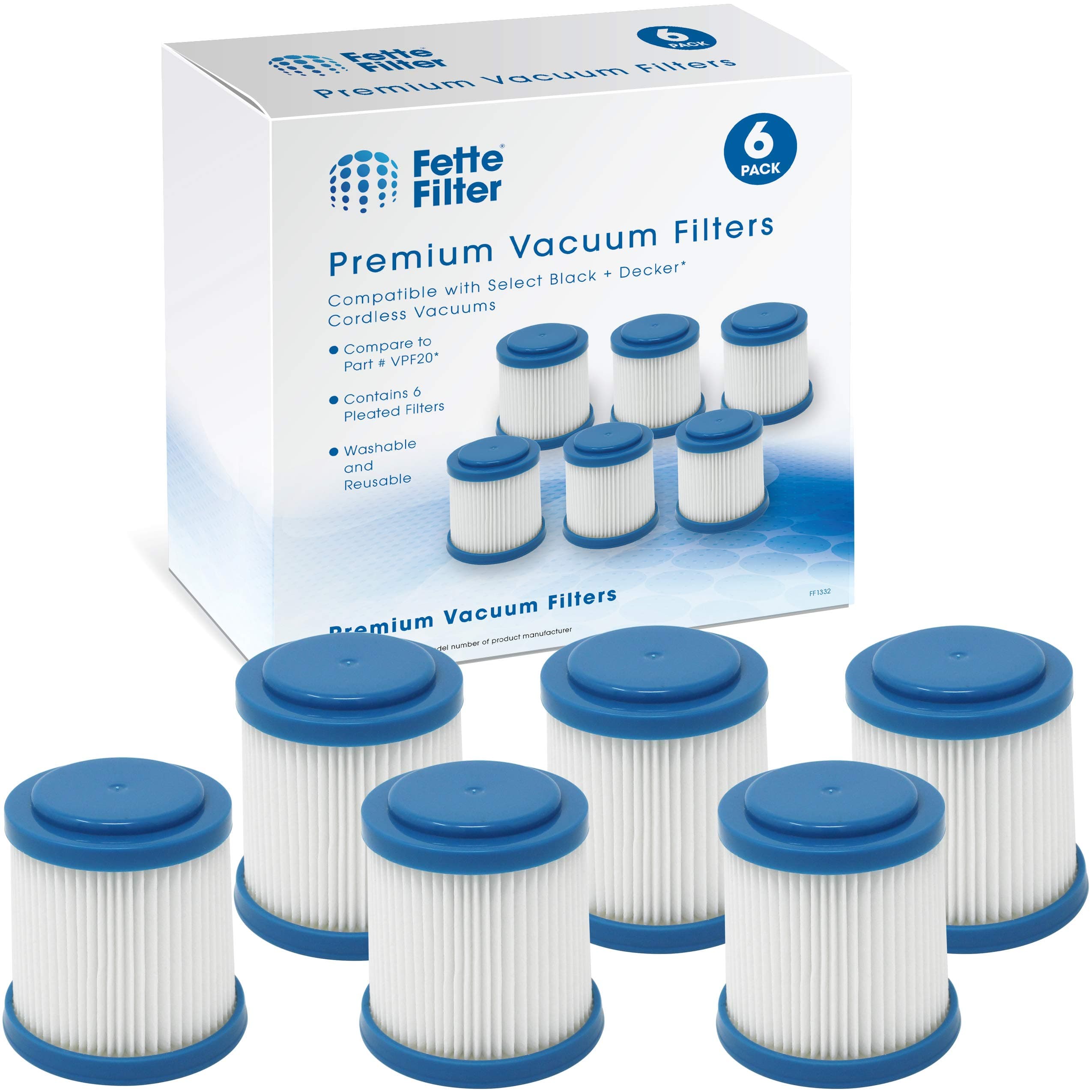 Fette Filter - Pleated Vacuum Filter Compatible with Black + Decker SMARTECH 2-in-1 Cordless Lithium Stick Vacuums. Compare to Part # VPF20 (Pack of 6)