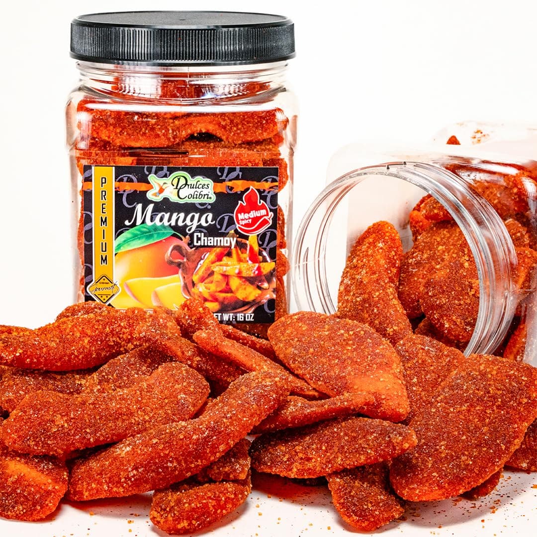 Dulces Colibri - Mango Chamoy | PREMIUM | MEDIUM SPICY | Family Size - 16oz Jar | Mess Free | Soft Chewy Mango Slices |