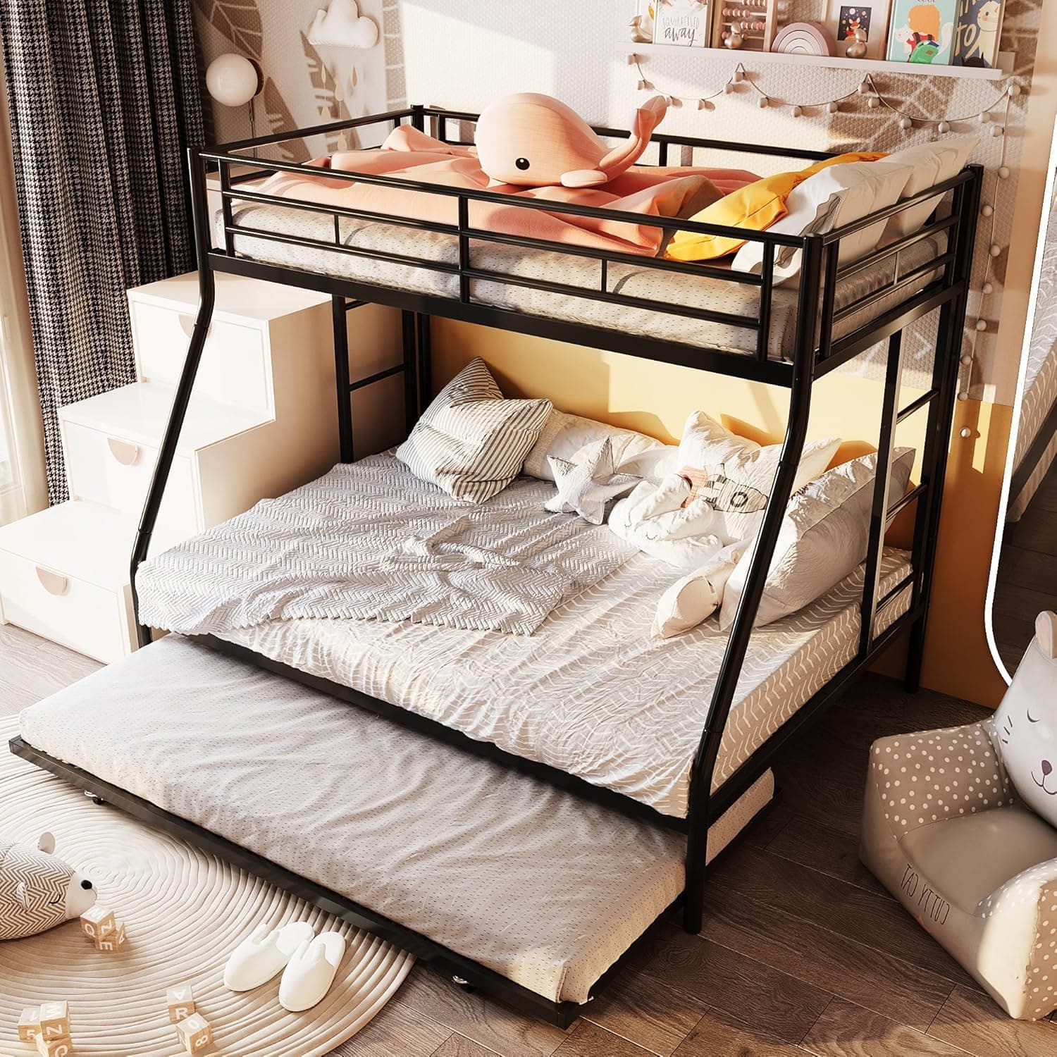 SUNLEI Metal Loft Bed with 2 Secured Ladders, Bunk Bed Twin Over Full with Trundle, Trundle Beds Twin Safety Guard, Space-Saving, Noise Free for Small Bedroom, (Black, Twin Over Full)