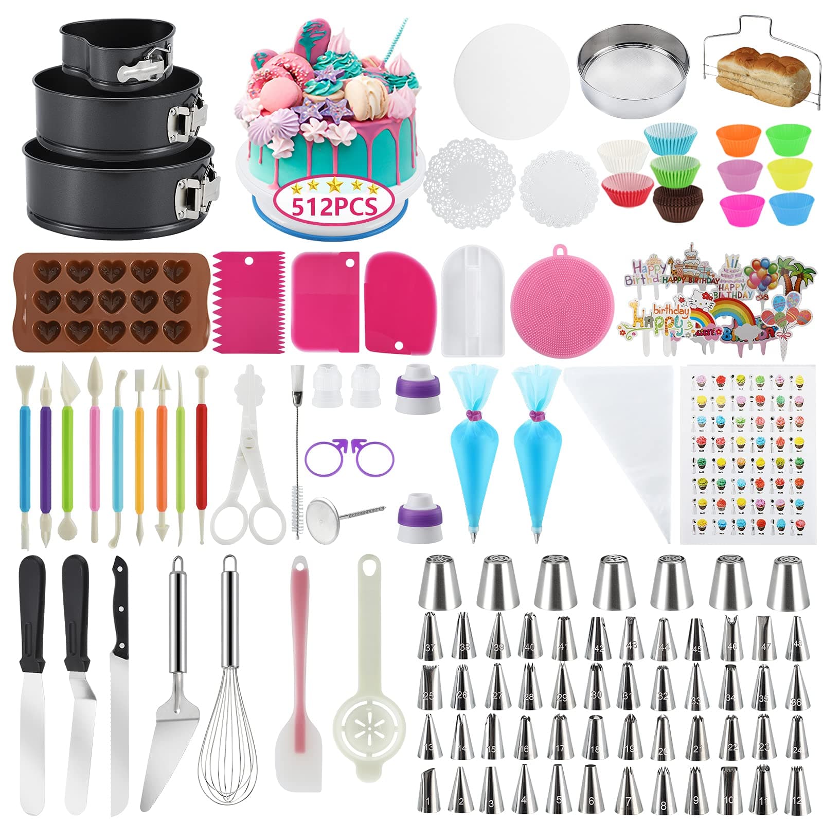 Cake Decorating Supplies, 512 Pcs Docgrit Cake Decorating Kit with Non-Slip Cake Turntable, Cake Pans, Cake Decorating Tools, Muffin Cups, Baking Supplies and Baking Set for Beginners and Cake Lovers