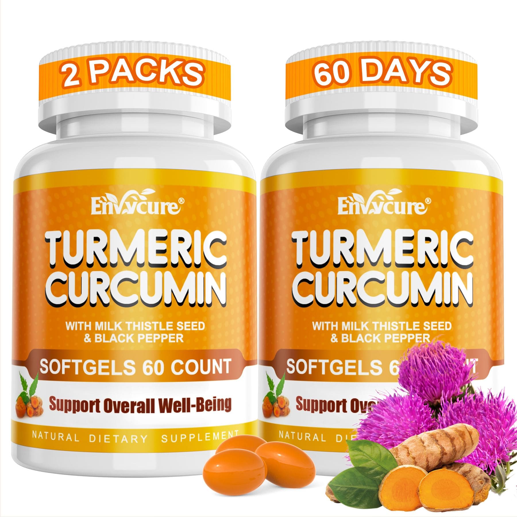 5 in 1 Turmeric Curcumin Softgels 2000mg with Milk Thistle Seed Extract & Black Pepper, Ginger Root - Immune, Liver Support - 95% Curcuminoids - Turmeric and Ginger Supplement Softgel Capsules