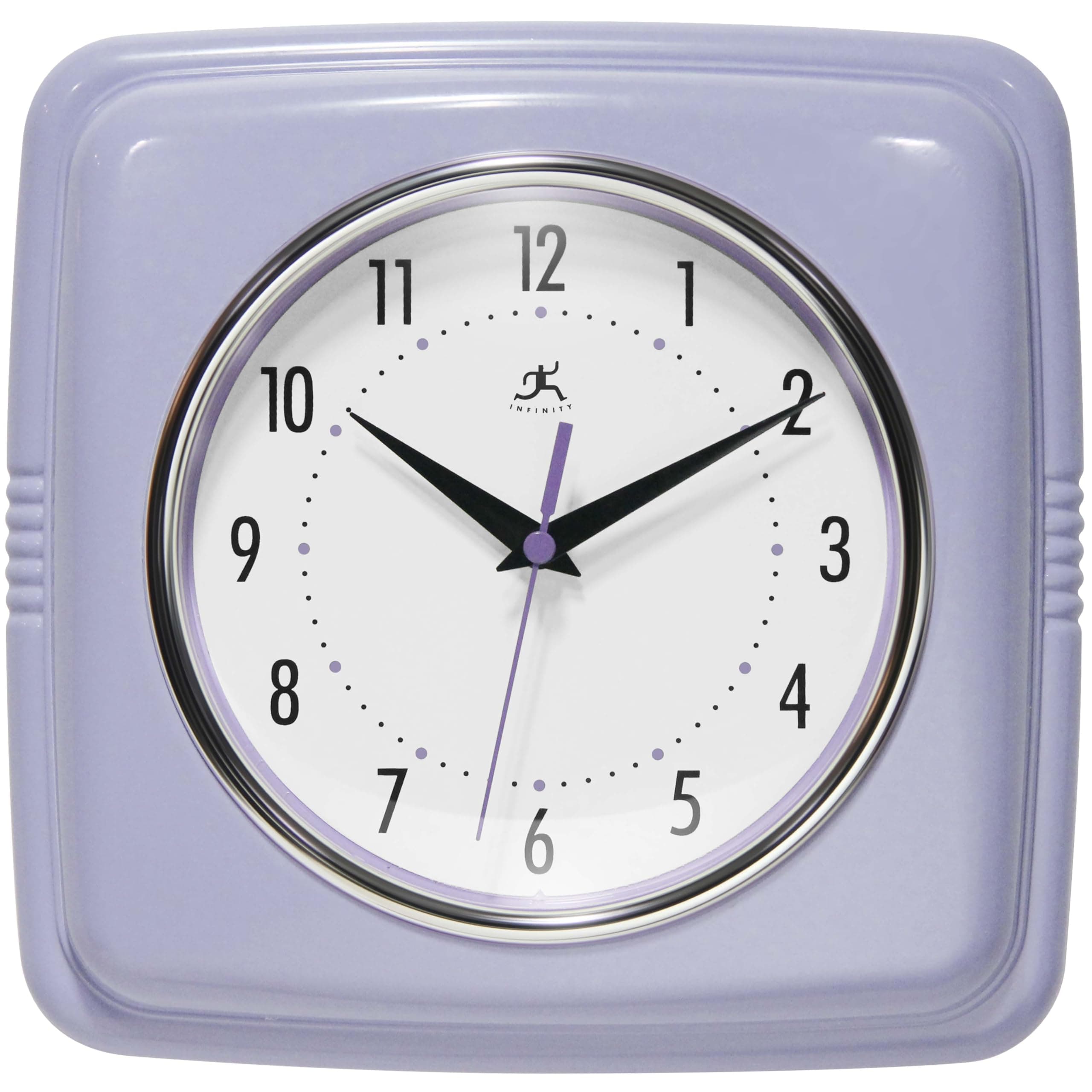 Infinity Instruments Retro Wall Clock – 9-Inch Square Silent Non-Ticking Mid-Century Modern Clock – Vintage Decorative Wall Clock for Kitchen, Office, or Diner – Lilac