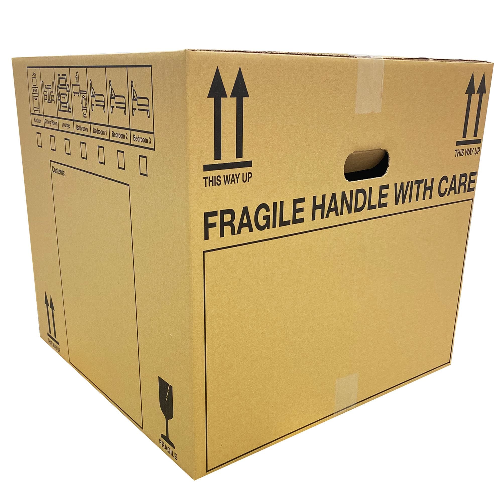 10 Extra Large Cardboard Packing Moving House Boxes 53cm x 53cm x 41cm with Carry Handles and Room List