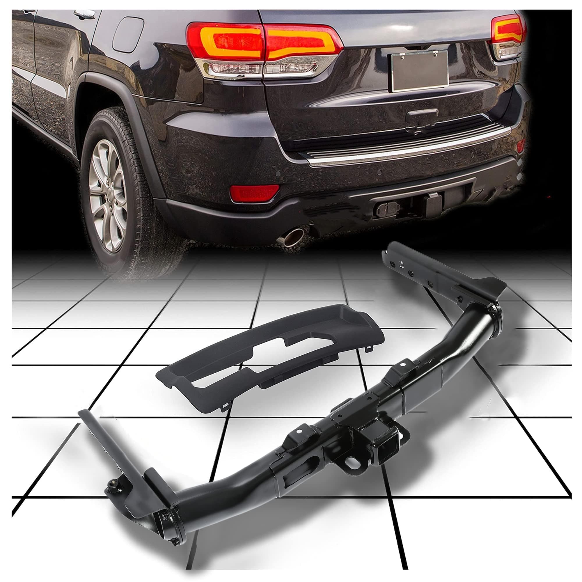 ECOTRIC Class IV Trailer Hitch Receiver and Bezel Compatible with 2011-2022 Jeep Grand Cherokee Replacement for 82212180AC 82212180AD 3 Stages 2-inch Square Receiver (You Will Receive 2 Packages)