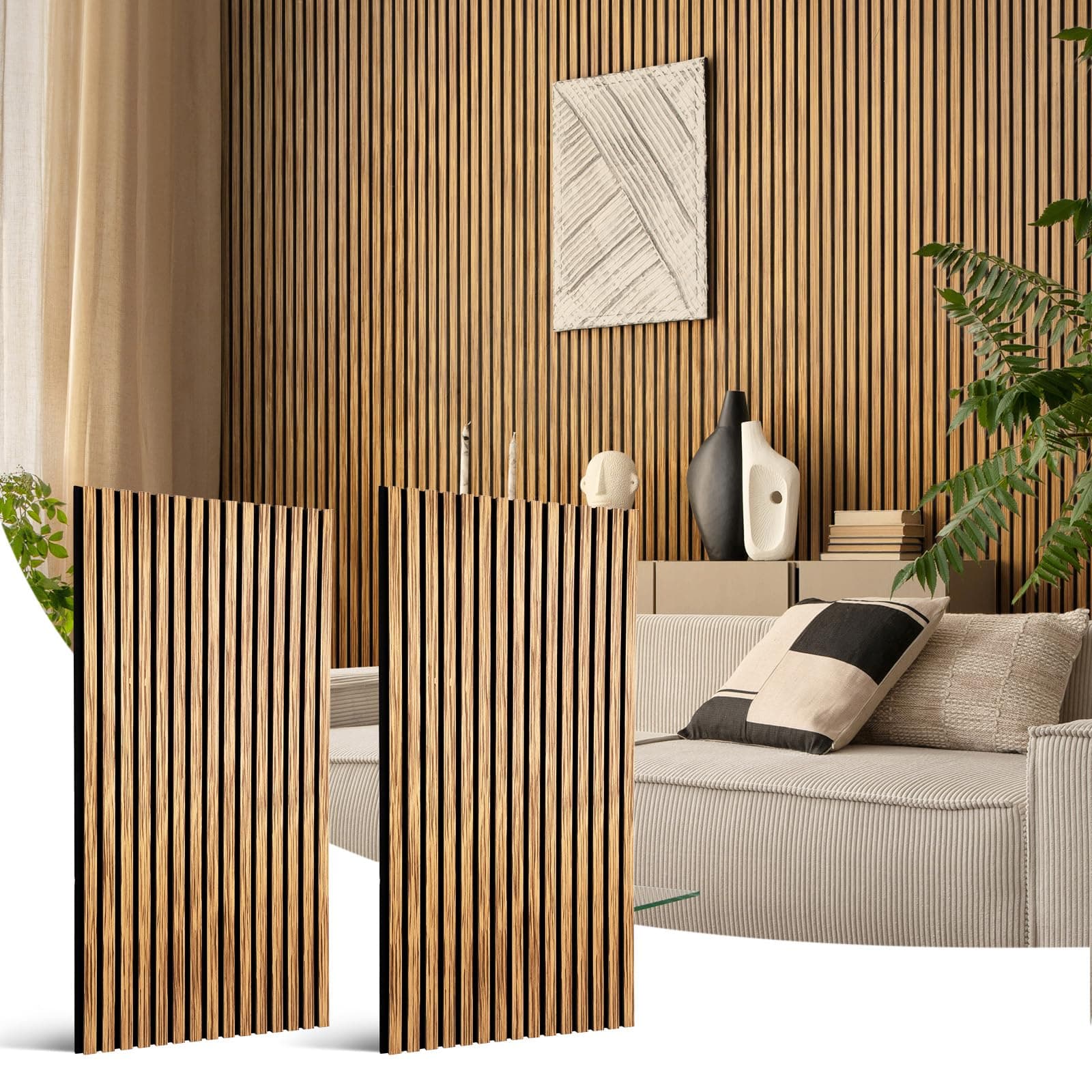Wood Slat Wall Panel - 2 Pcs Soundproof Wood Panels for Wall and Ceiling 47.2”x23.8” Wood Wall Panels 3D Noise Sound Dampening Panels Wall Decoration - Zebrawood