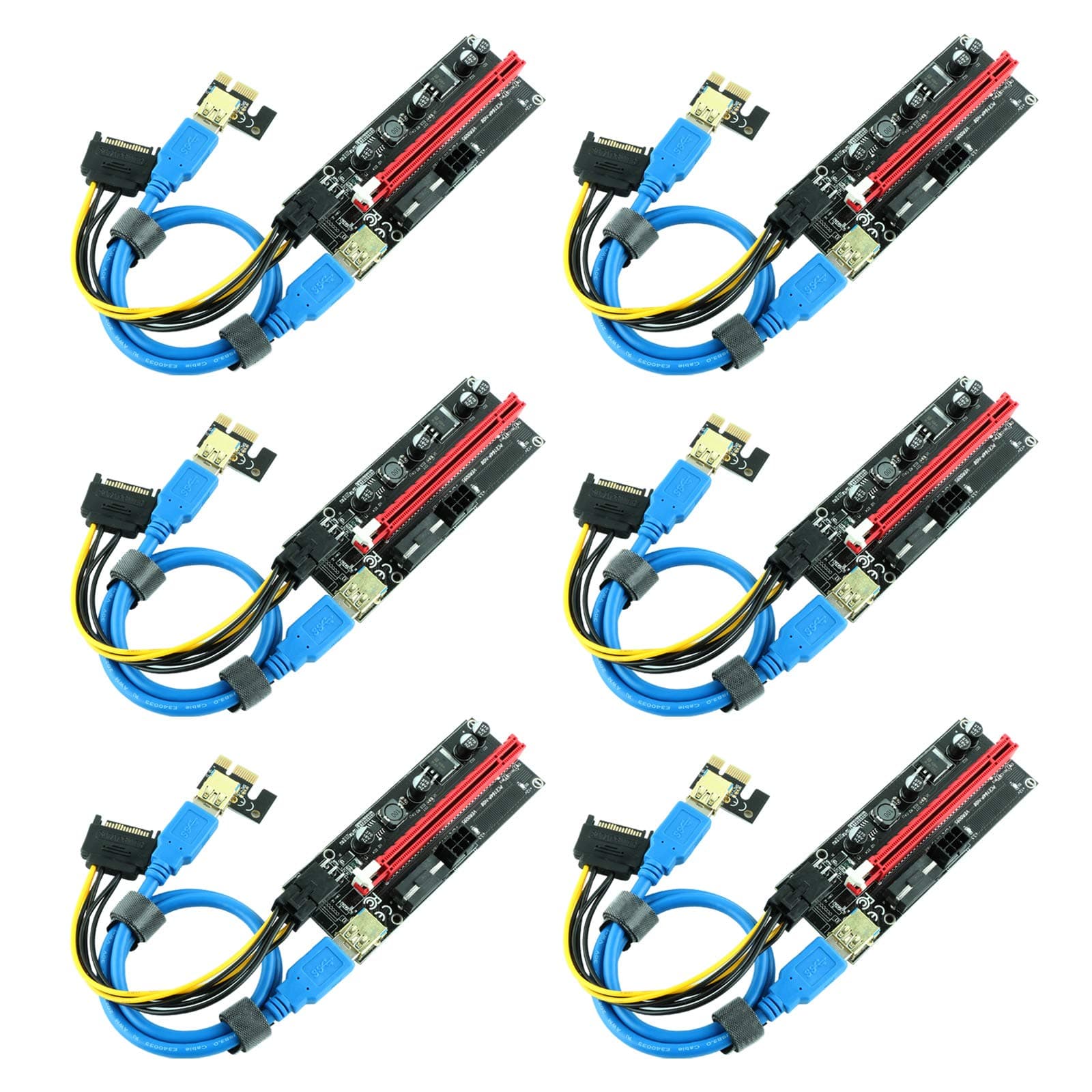 Ubit PCIE Riser 1x to 16x Graphic Extension for Bitcoin GPU Mining Powered Riser Adapter Card,4 Solid Capacitors,60cm USB 3.0 Cable,2X 6PIN,Molex 3 Power Options (VER 009S,6-Pack)