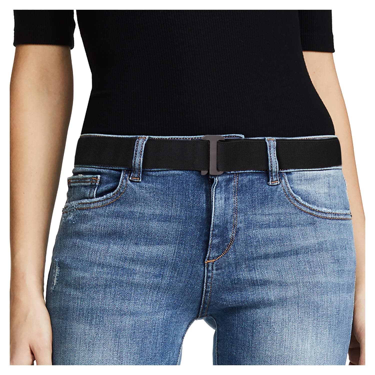 JASGOOD No Show Women Stretch Belt Invisible Elastic Web Strap Belt with Flat Buckle for Jeans Pants Dresses.