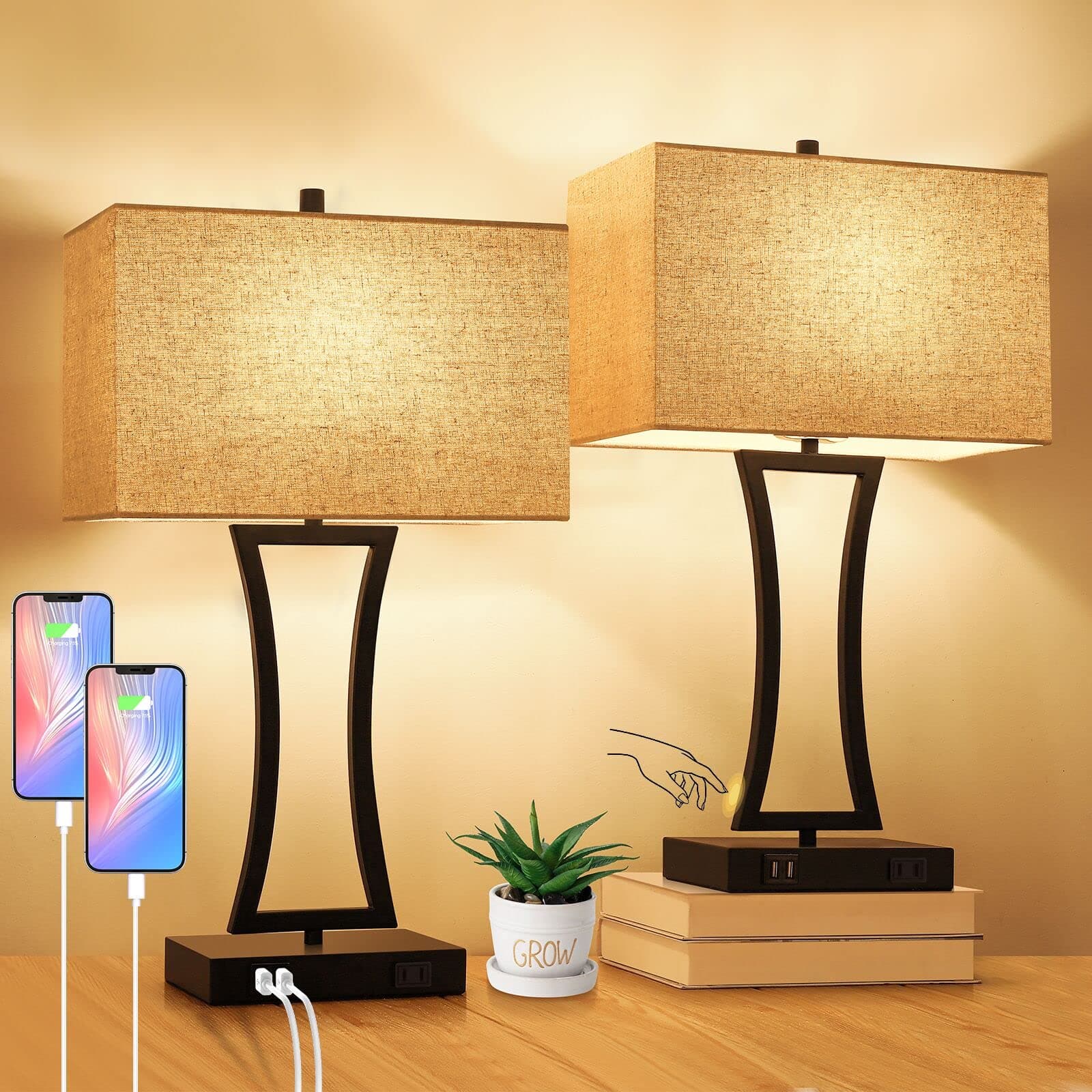 Set of 2 Touch Control Table Lamps, 3-Way Dimmable Modern Nightstand Lamp with 2 USB Port, Cream Bedside Desk Lamps with Fabric Shade for Living Room Bedroom Hotel